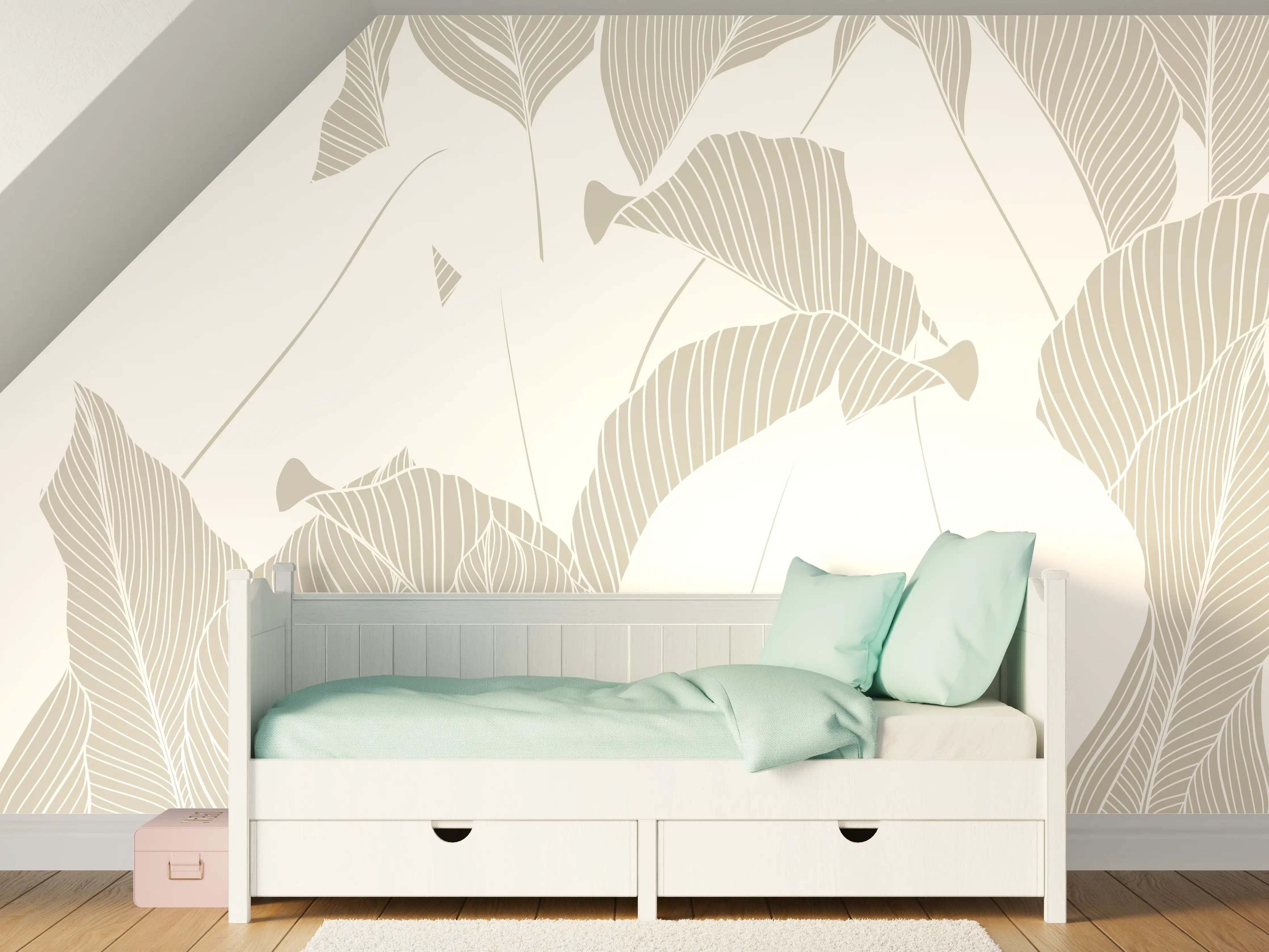 Kinderzimmer Wandgestaltung - Elegantes Grau-Weiß Blattmuster