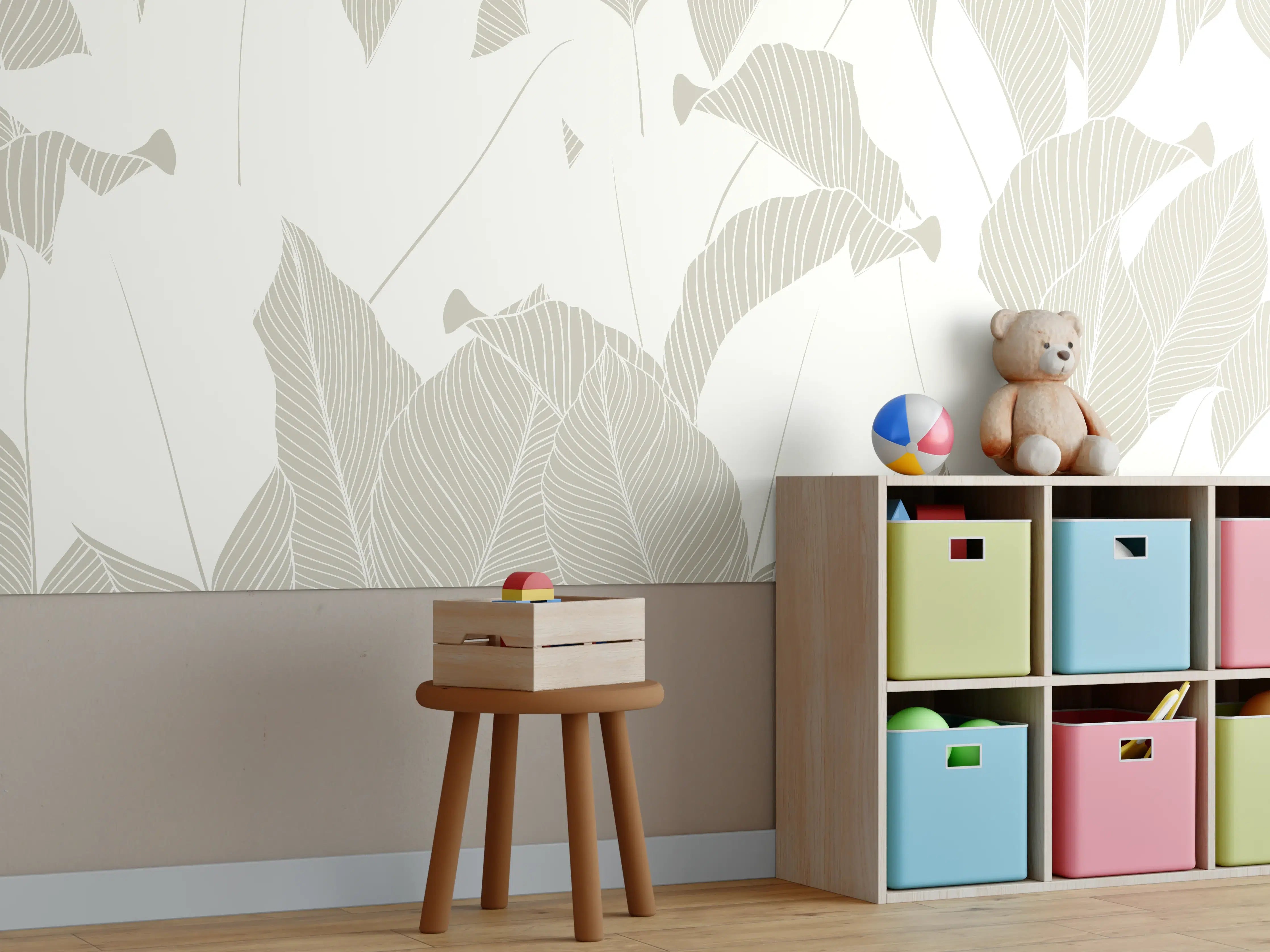 Kinderzimmer Wandgestaltung - Elegantes Grau-Weiß Blattmuster