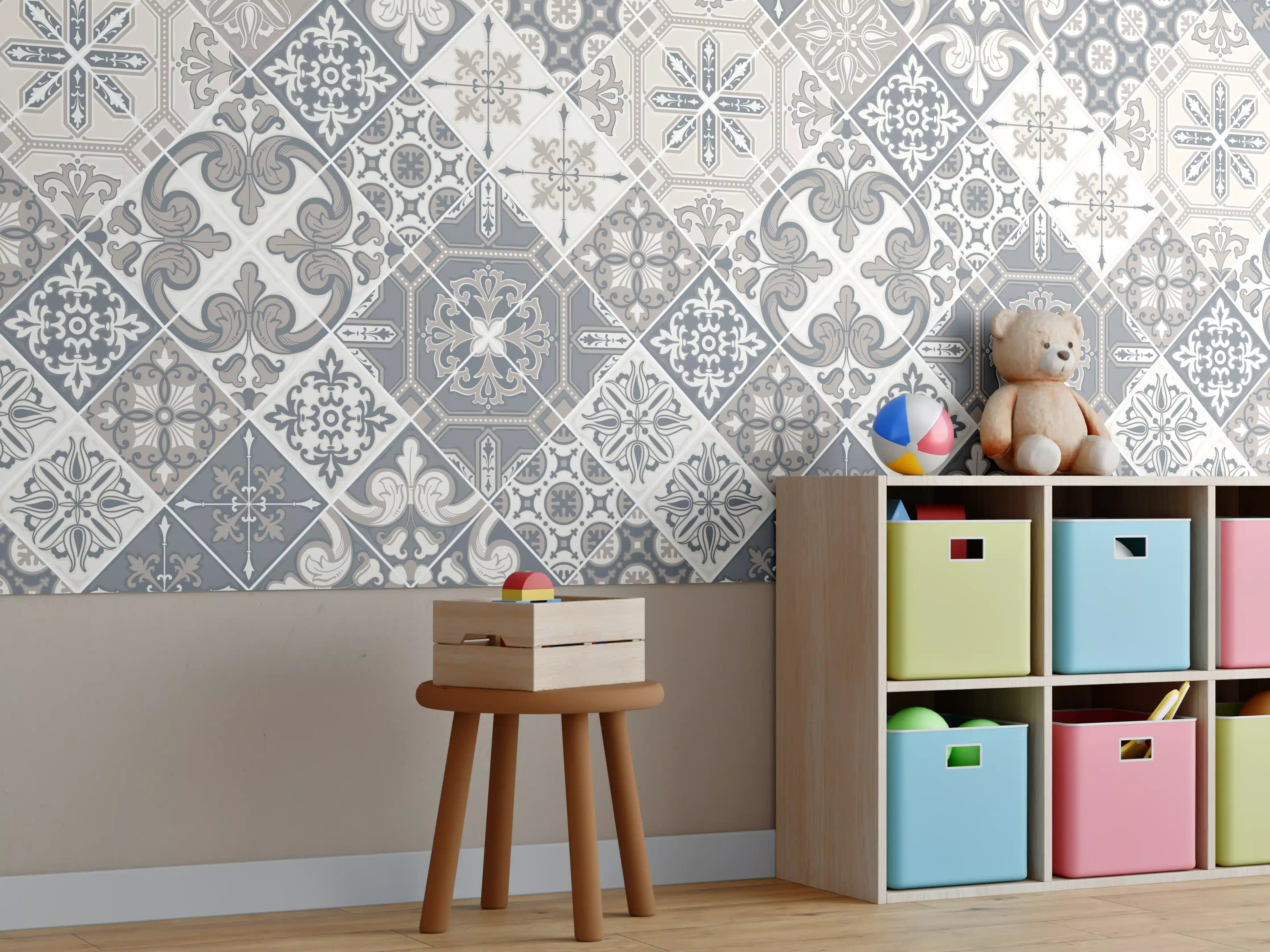 Kinderzimmer Wandgestaltung - Elegantes Grau-Weiß Mosaikmuster