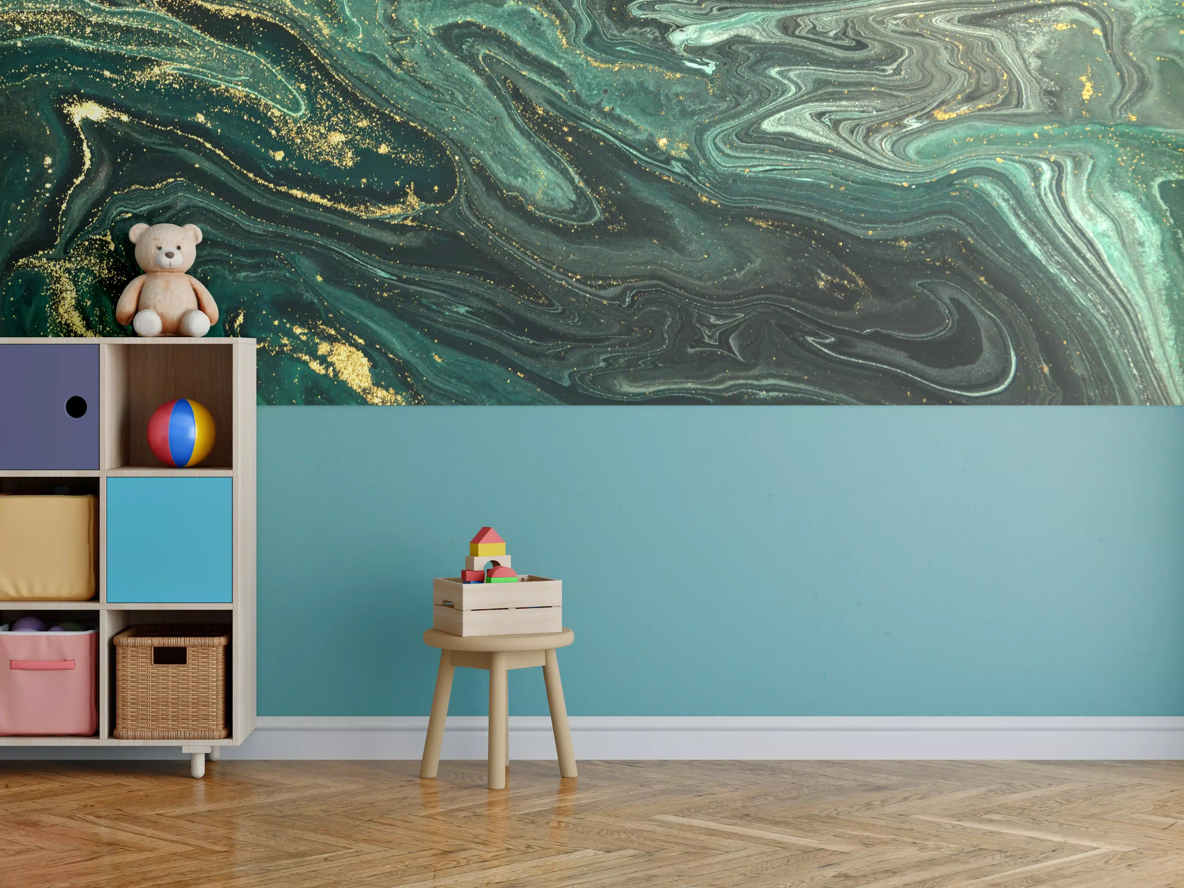 Kinderzimmer Wandgestaltung - Elegantes Grünes Marbledesign mit Goldakzenten
