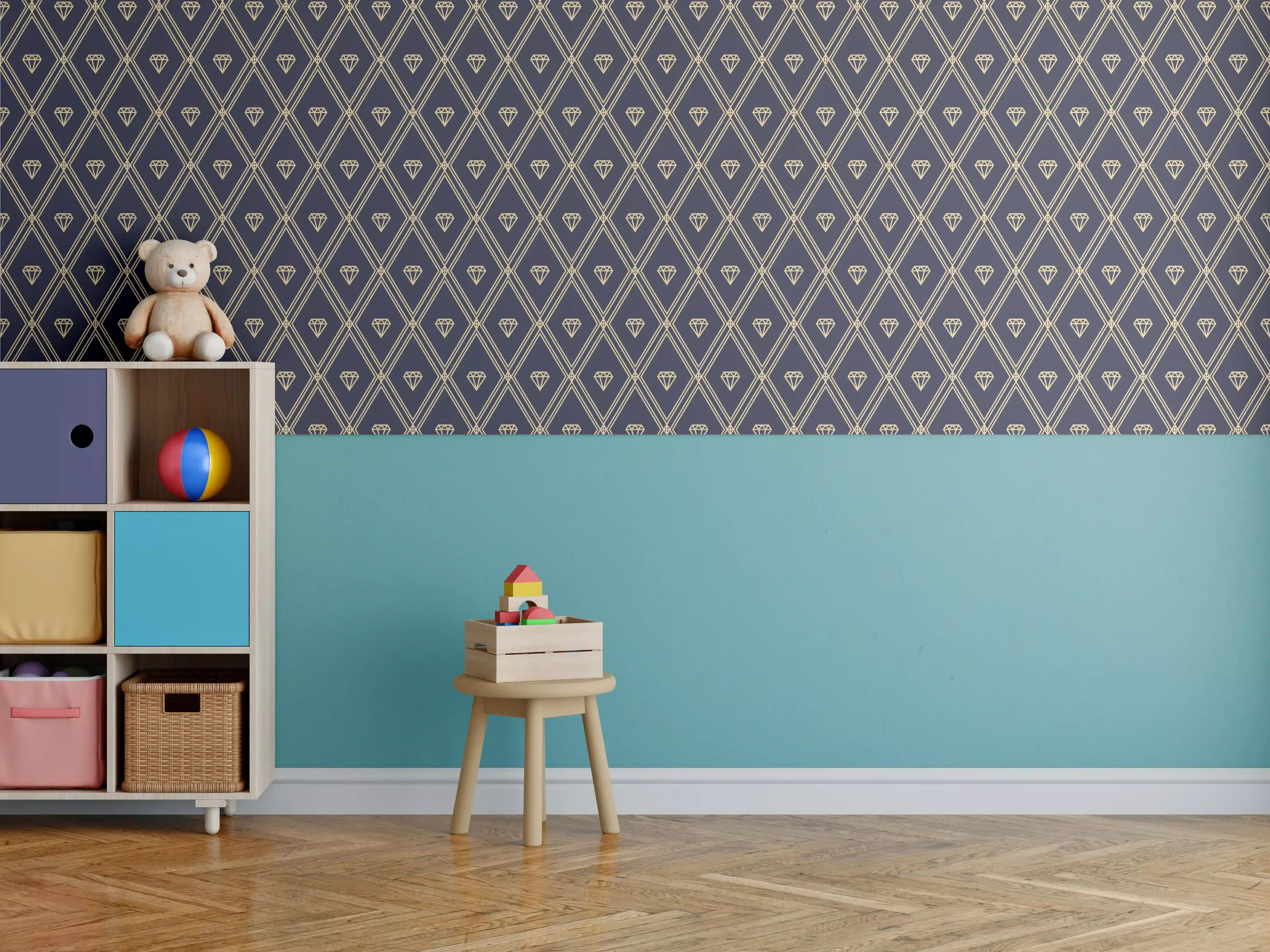 Kinderzimmer Wandgestaltung - Elegantes Rauten-Muster Dunkelblau