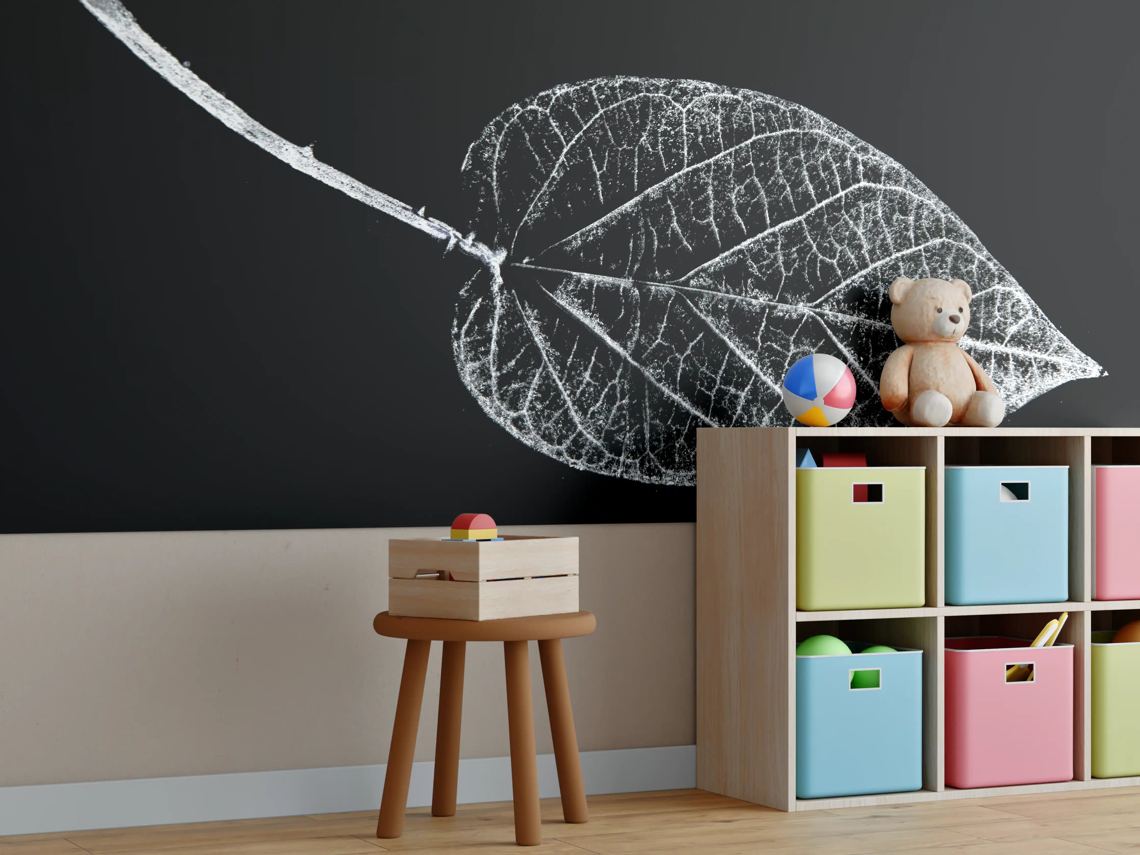 Kinderzimmer Wandgestaltung - Elegantes Schwarz-Weiß Laubblatt