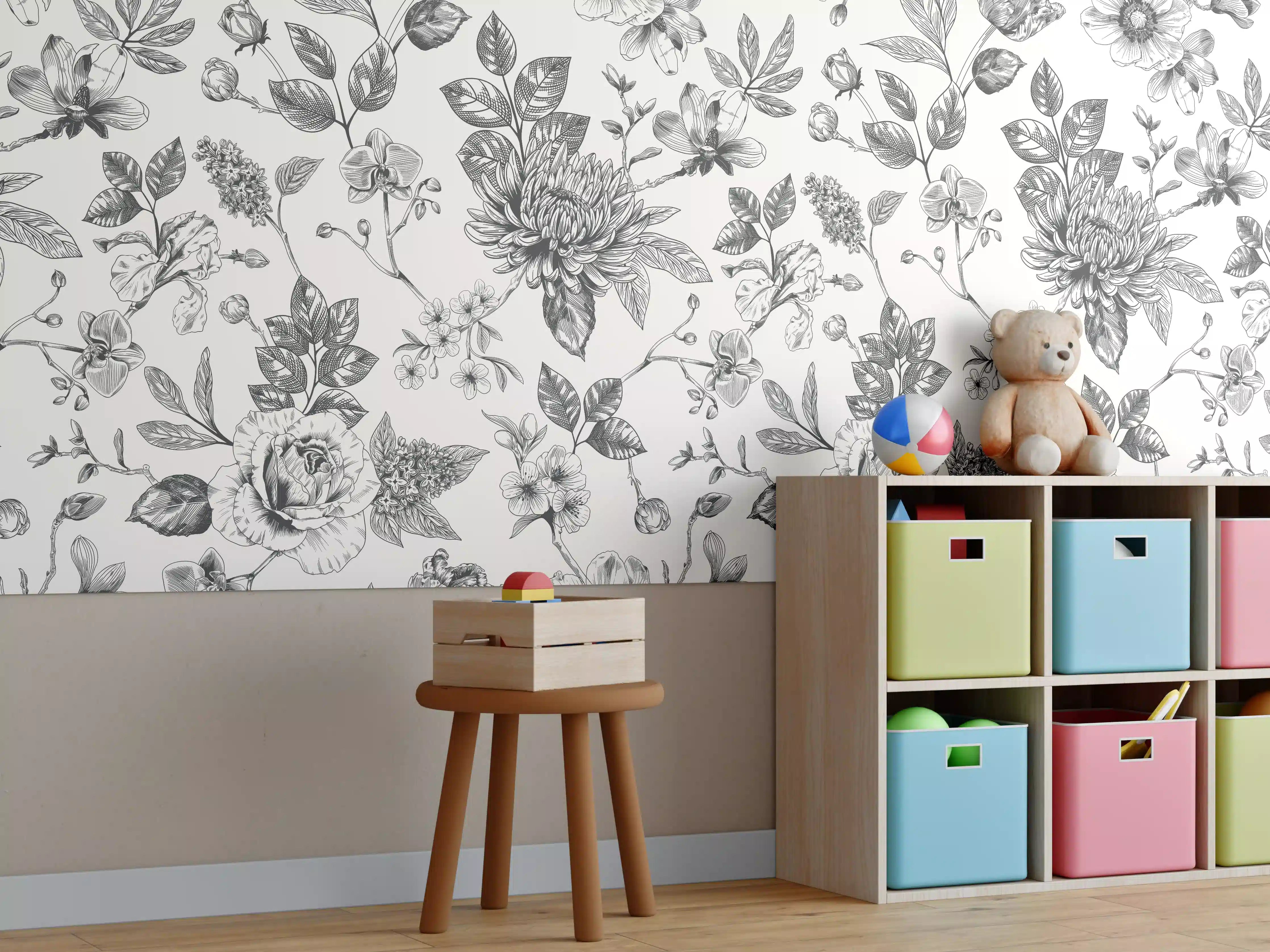Kinderzimmer Wandgestaltung - Elegantes florales Muster im Schwarz-Weiß-Design