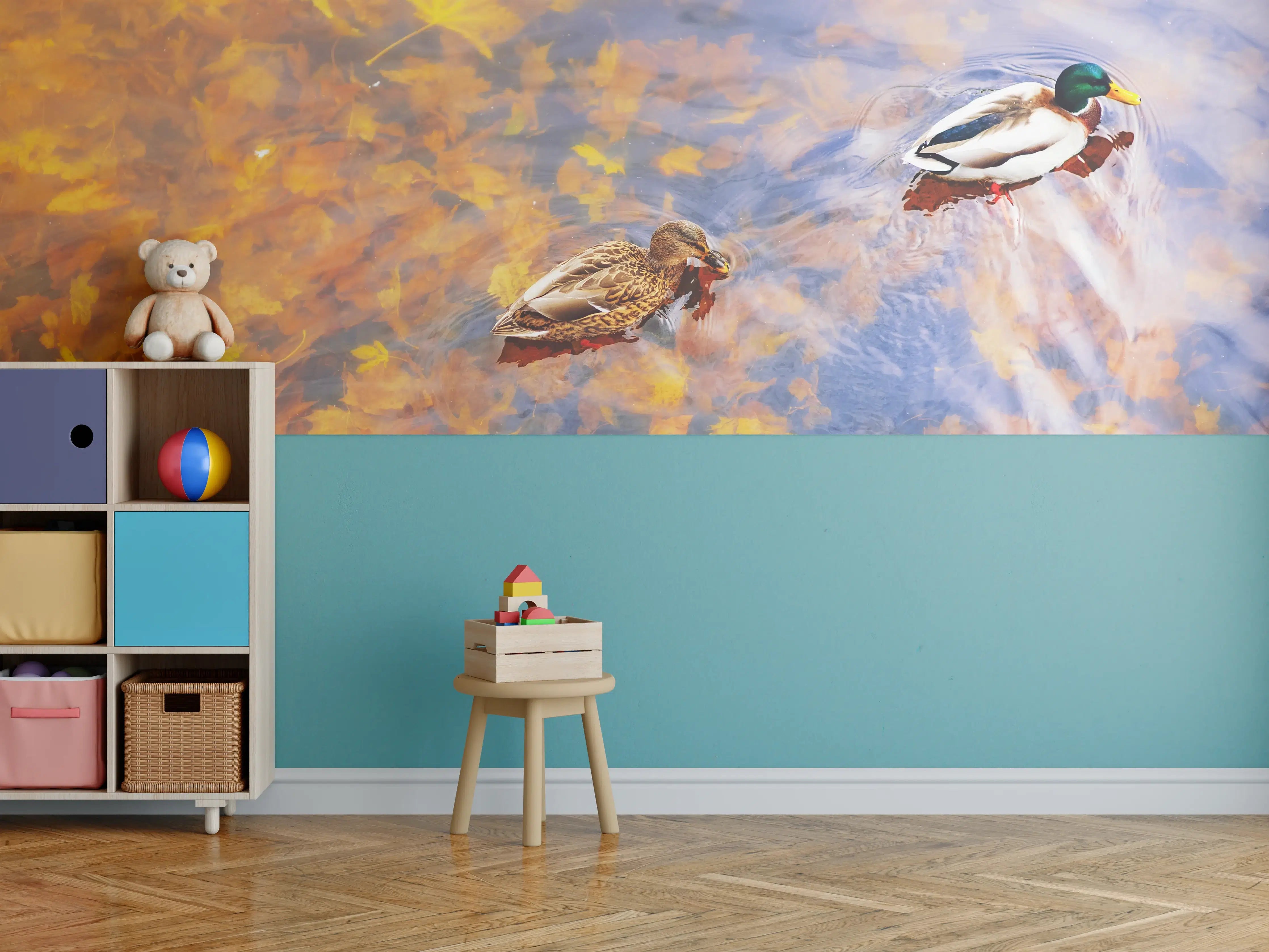 Kinderzimmer Wandgestaltung - Erstfallende Herbstblätter mit Wasserenten