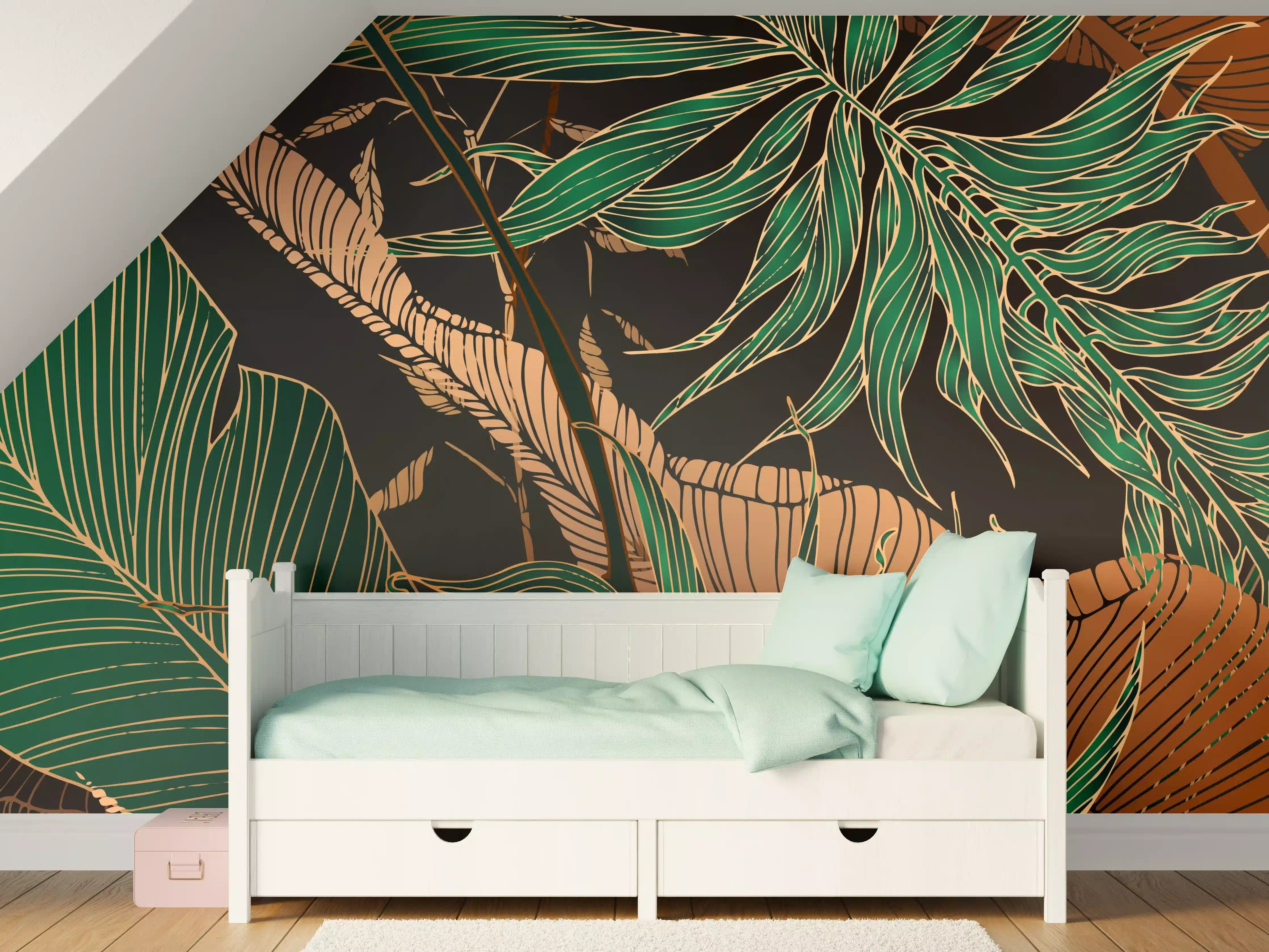 Kinderzimmer Wandgestaltung - Exotisches Blattmuster Dunkel