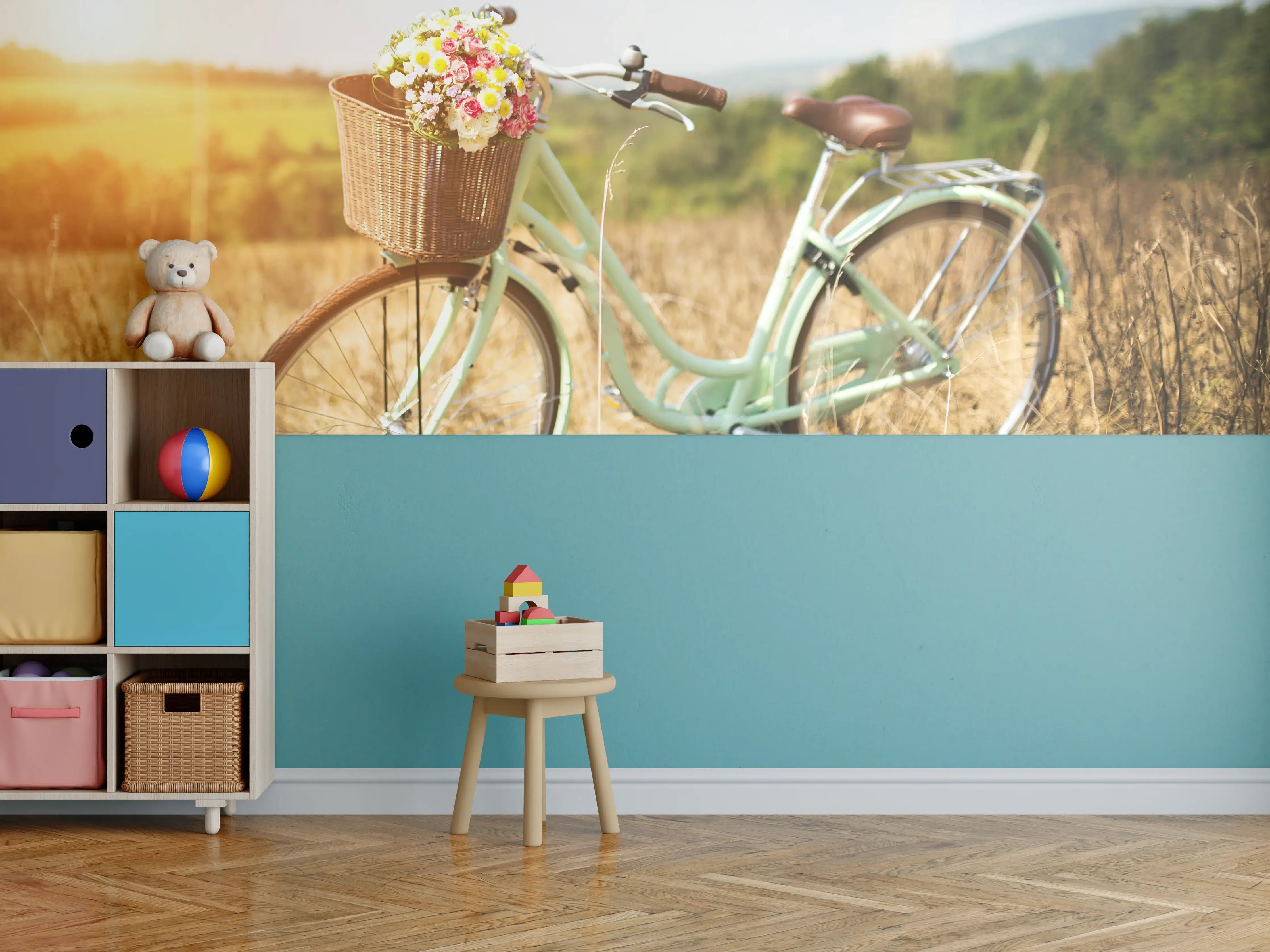 Kinderzimmer Wandgestaltung - Fahrrad mit Blumenkorb auf Wiese 