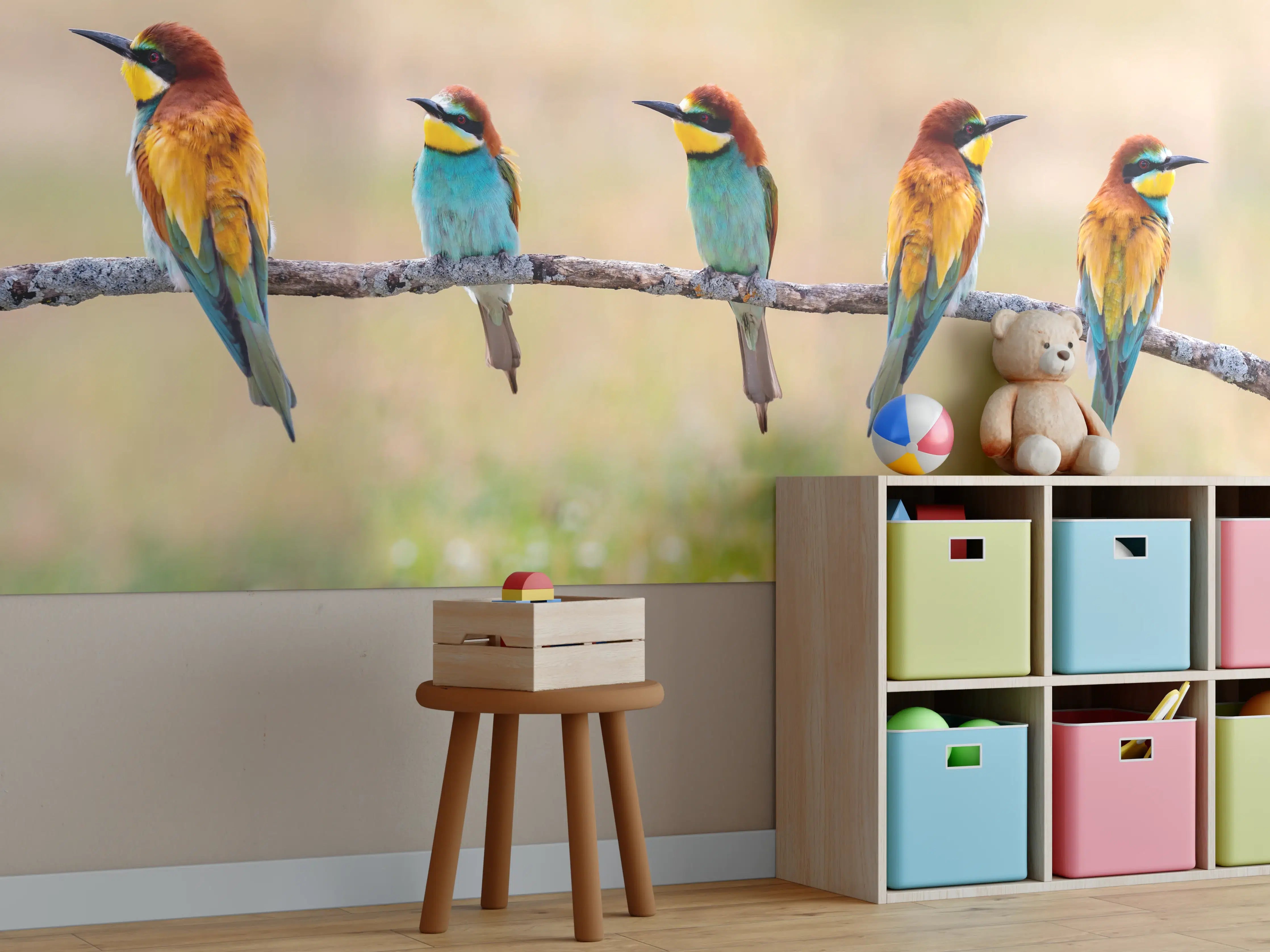 Kinderzimmer Wandgestaltung - Familie von Bienenfressern auf Ast