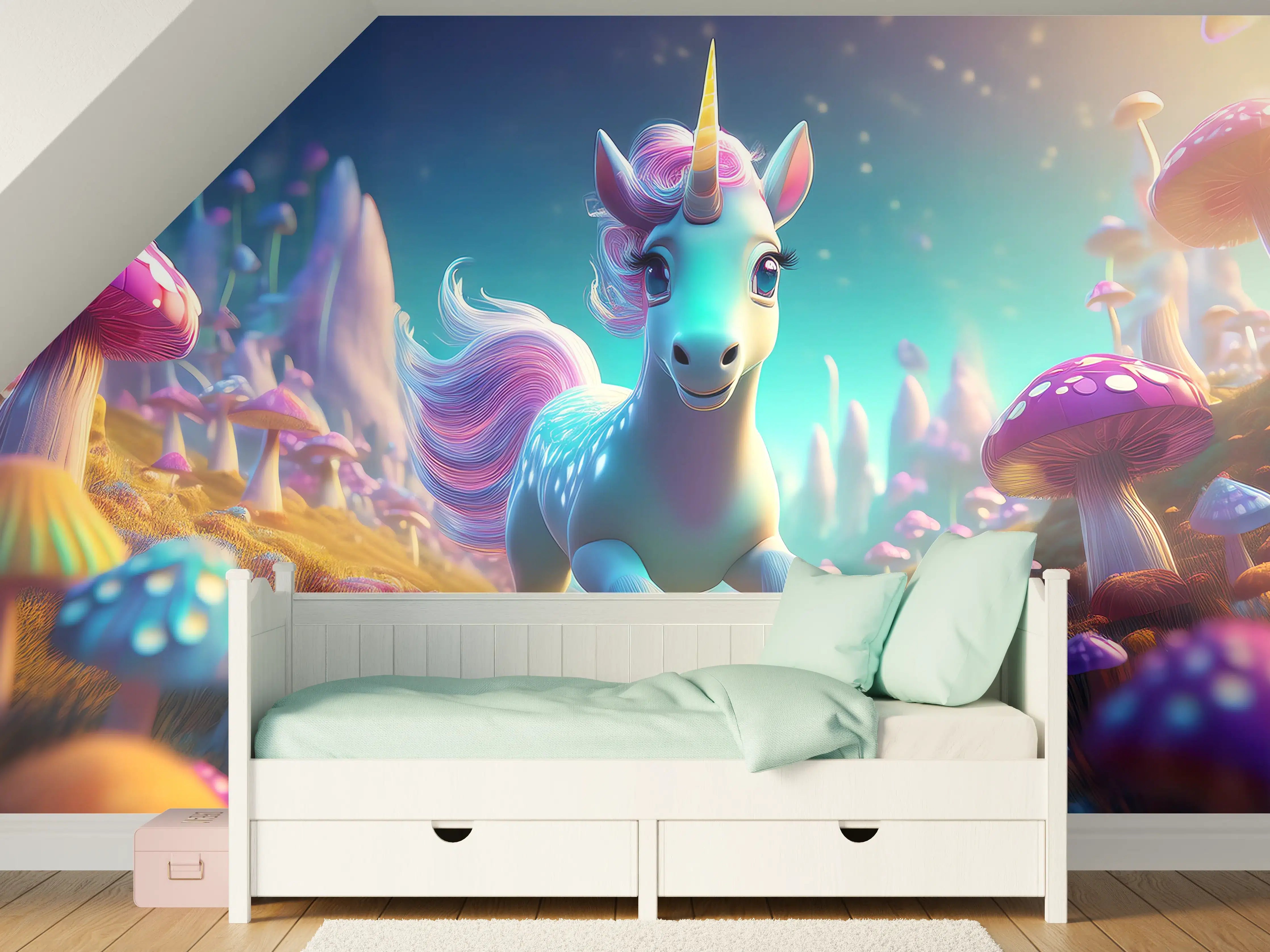 Kinderzimmer Wandgestaltung - Fantasievolles Einhorn in magischer Pilzwelt