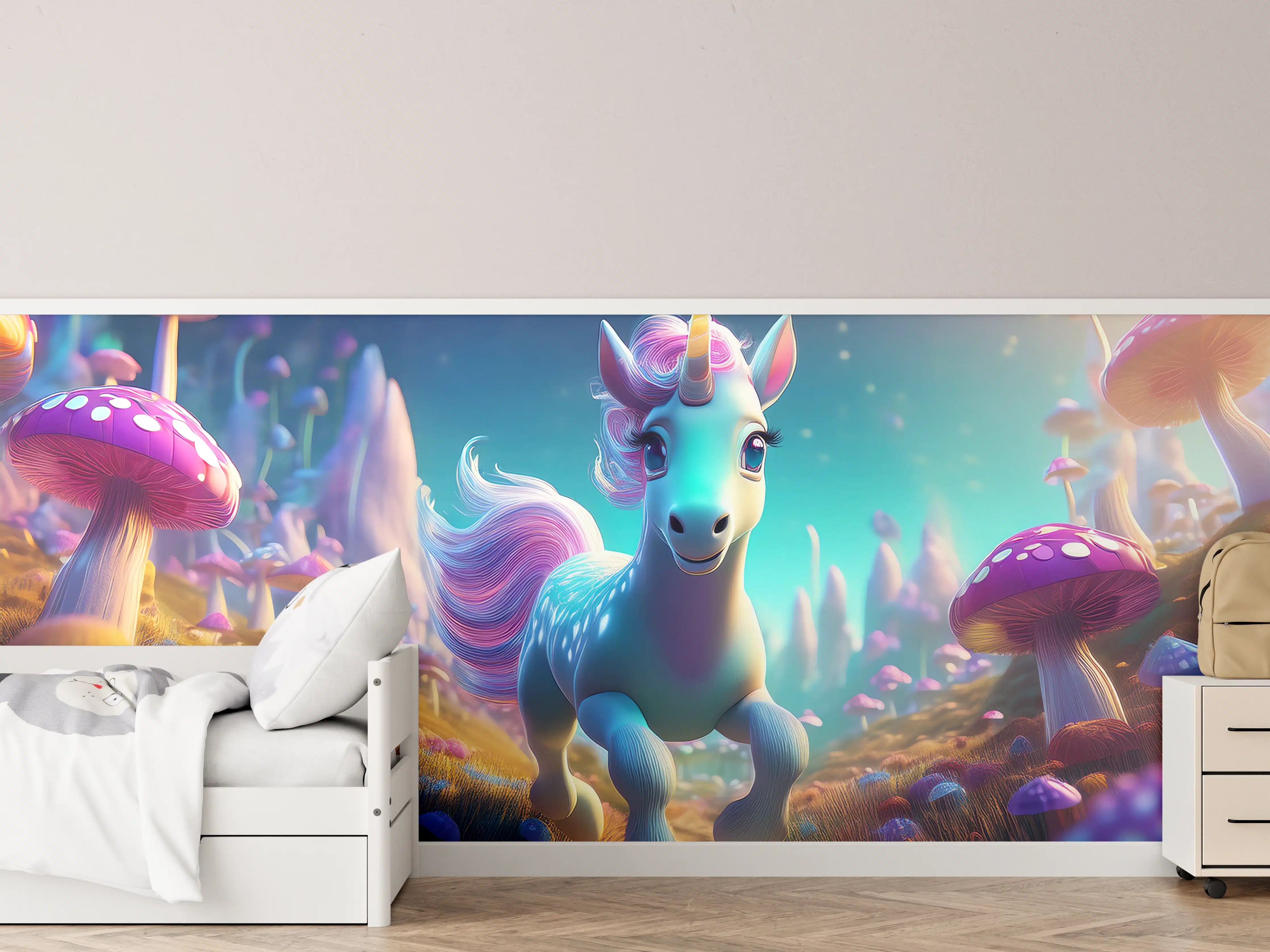 Kinderzimmer Wandgestaltung - Fantasievolles Einhorn in magischer Pilzwelt