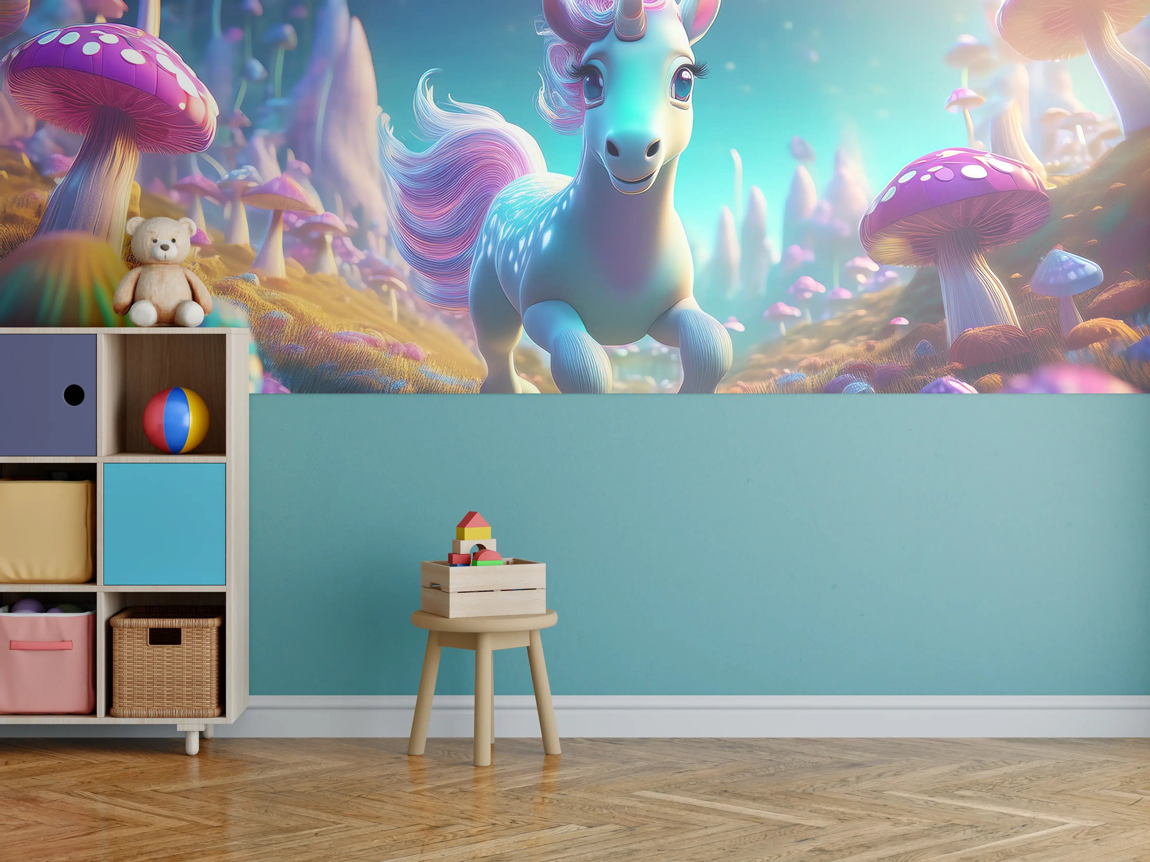 Kinderzimmer Wandgestaltung - Fantasievolles Einhorn in magischer Pilzwelt