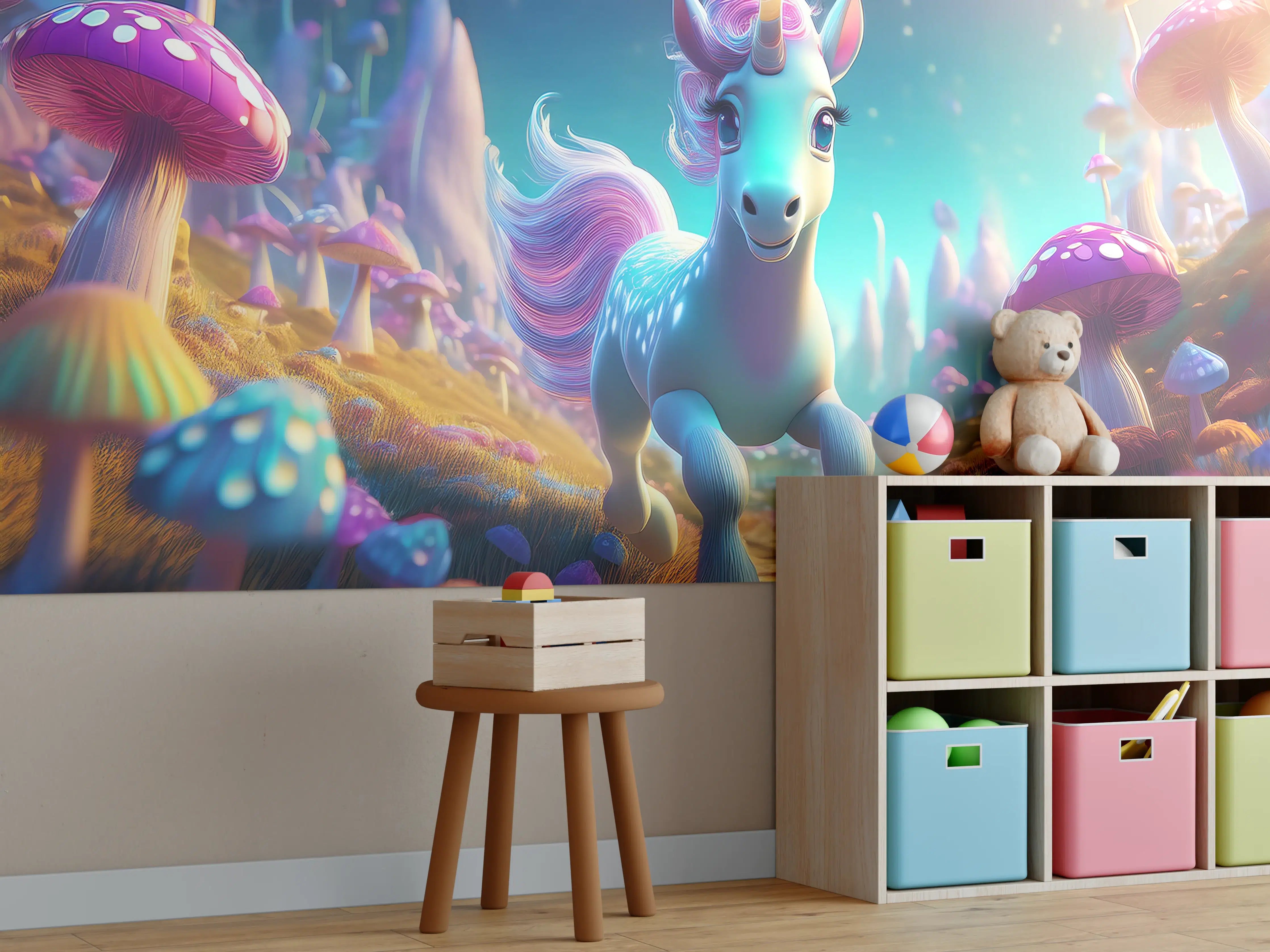 Kinderzimmer Wandgestaltung - Fantasievolles Einhorn in magischer Pilzwelt