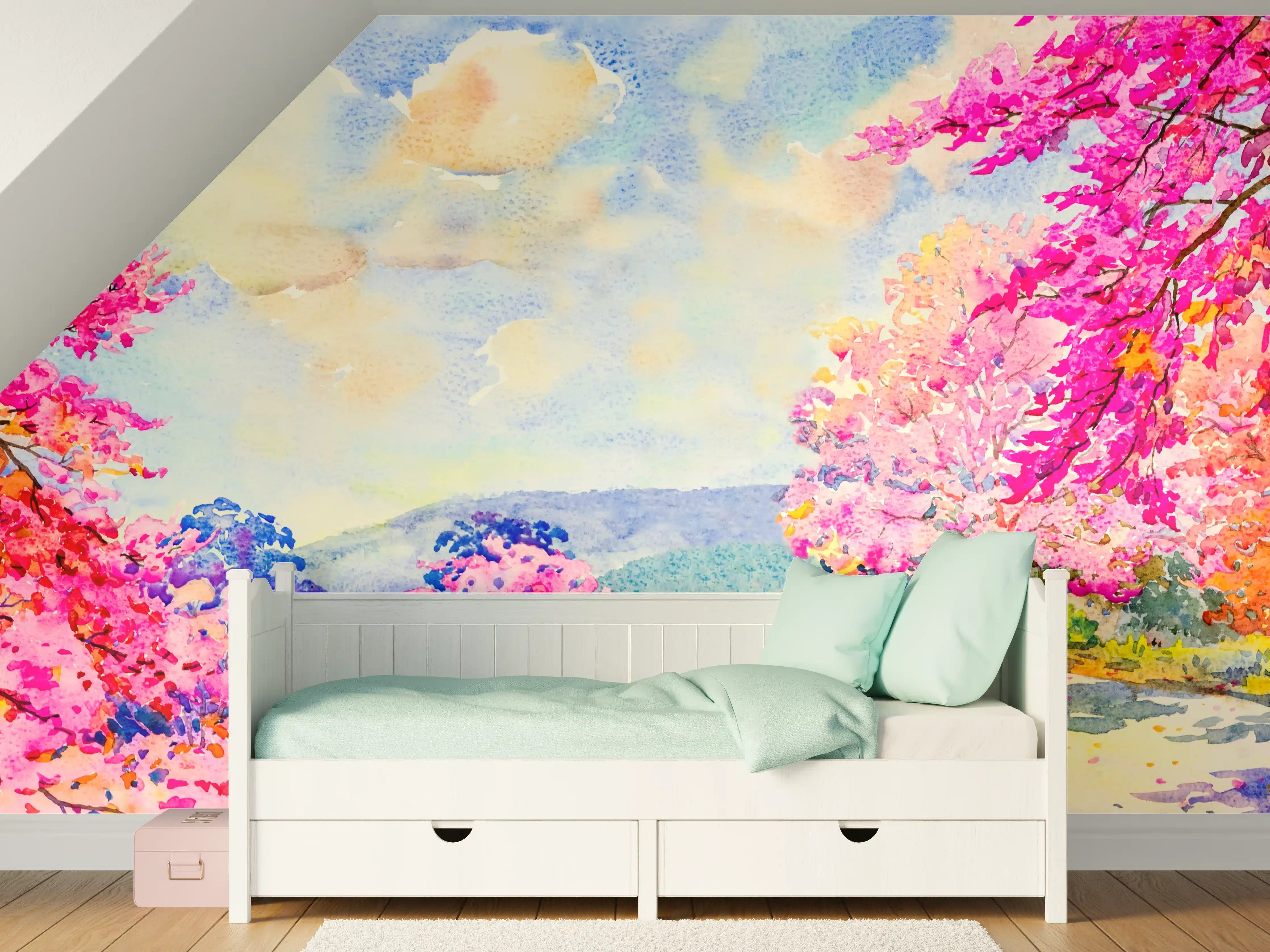 Kinderzimmer Wandgestaltung - Farbenfrohe Aquarell-Blumenlandschaft