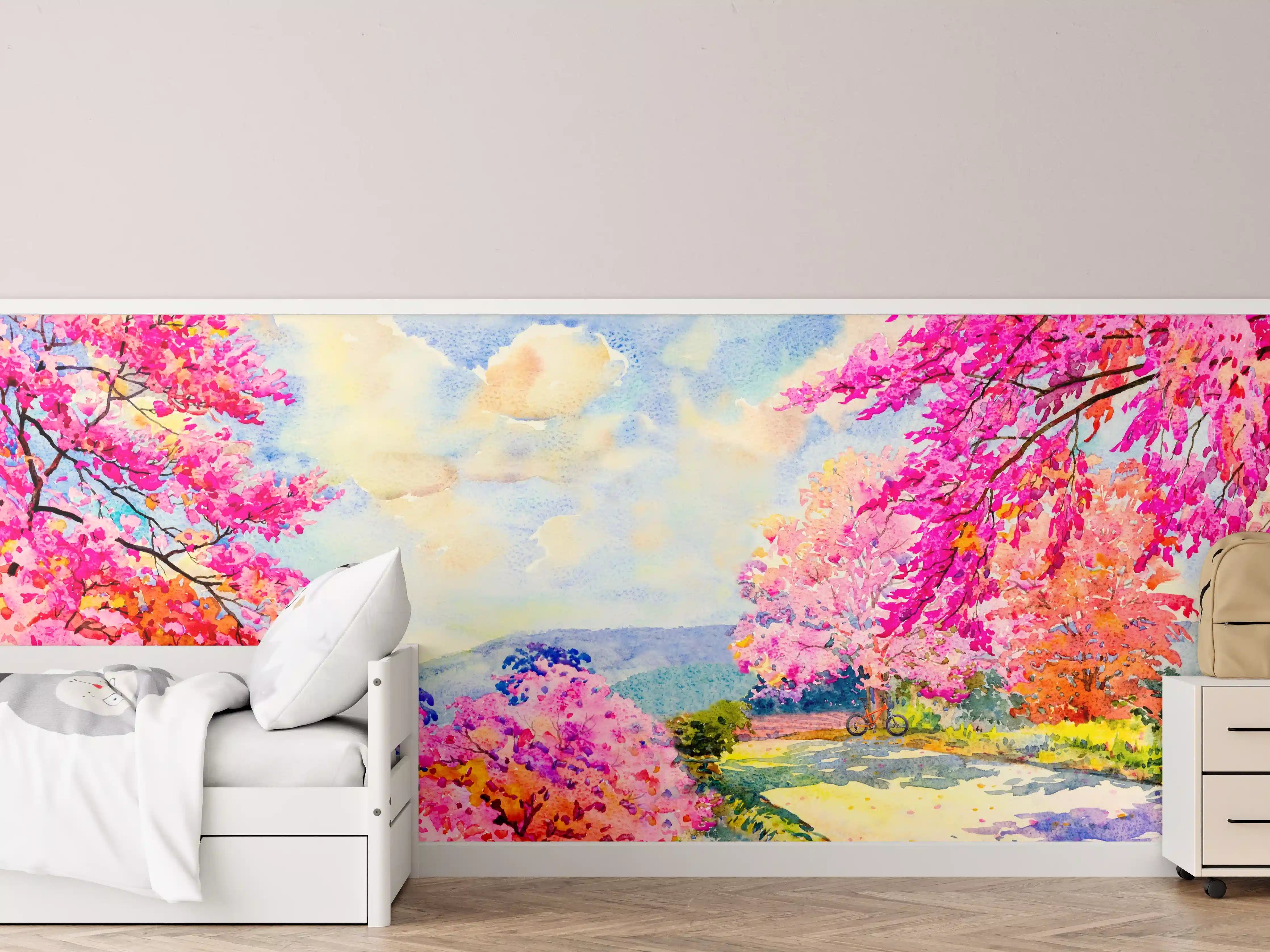 Kinderzimmer Wandgestaltung - Farbenfrohe Aquarell-Blumenlandschaft