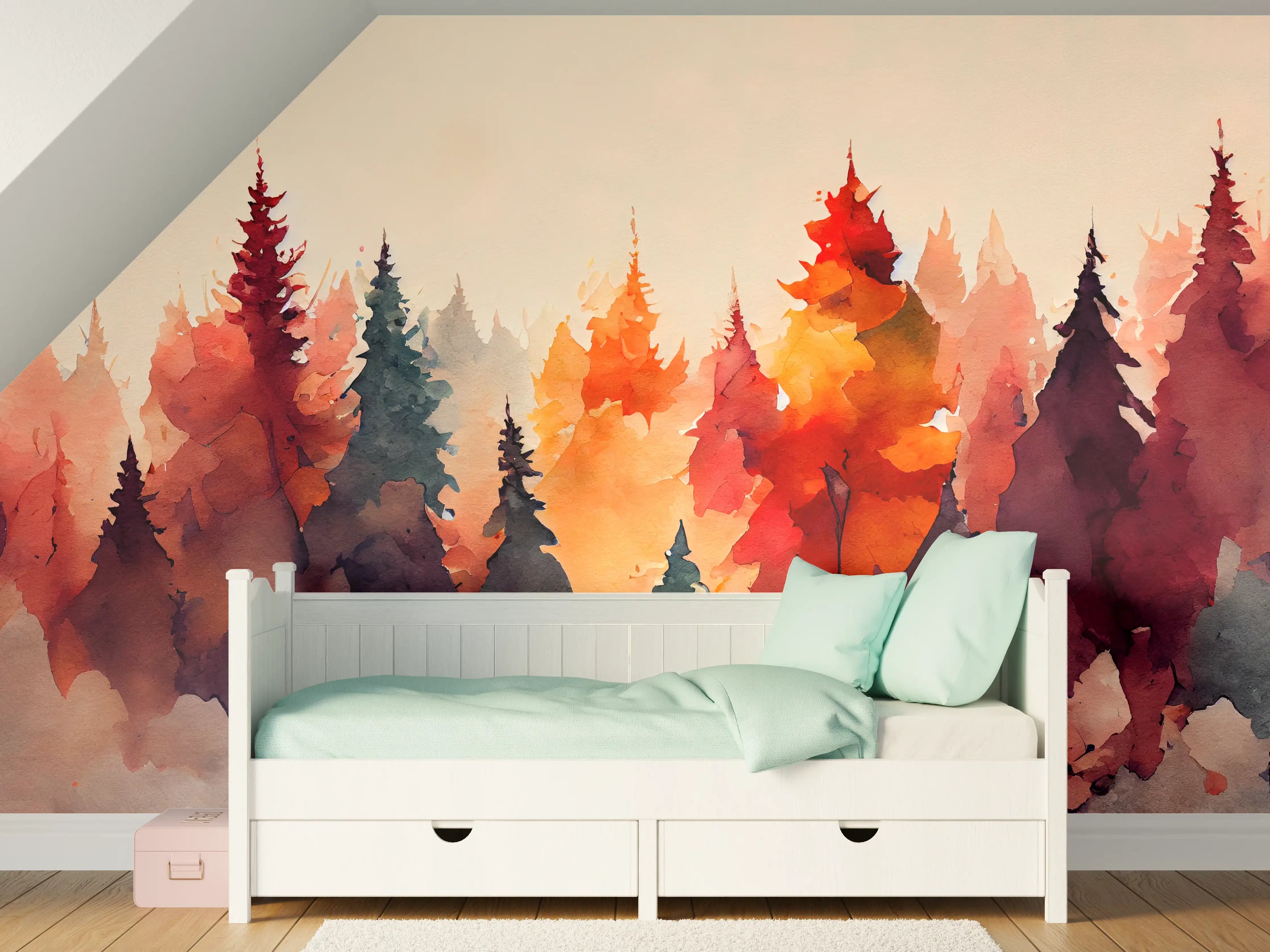 Kinderzimmer Wandgestaltung - Farbenfrohe Aquarell-Waldsilhouette