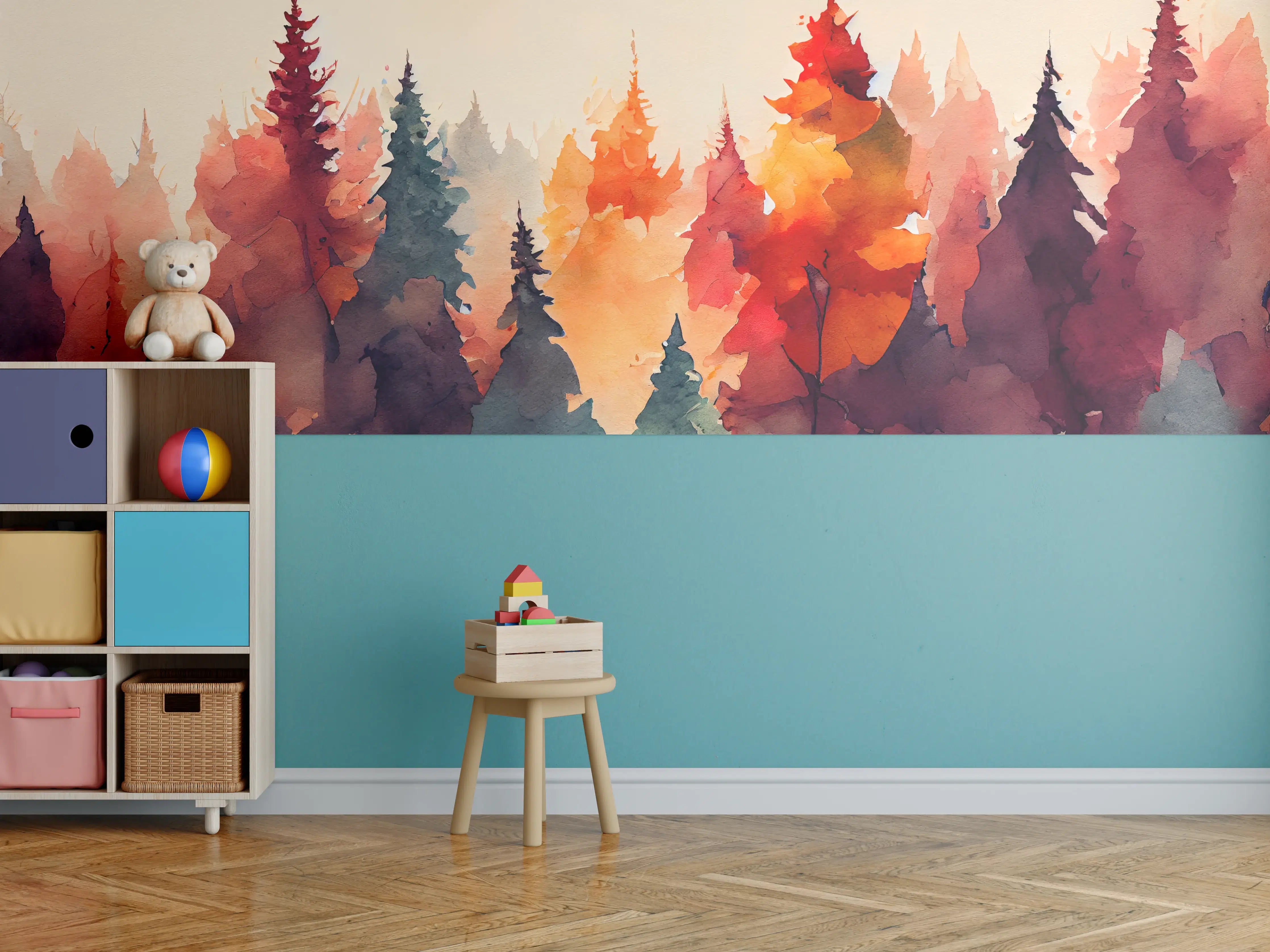 Kinderzimmer Wandgestaltung - Farbenfrohe Aquarell-Waldsilhouette