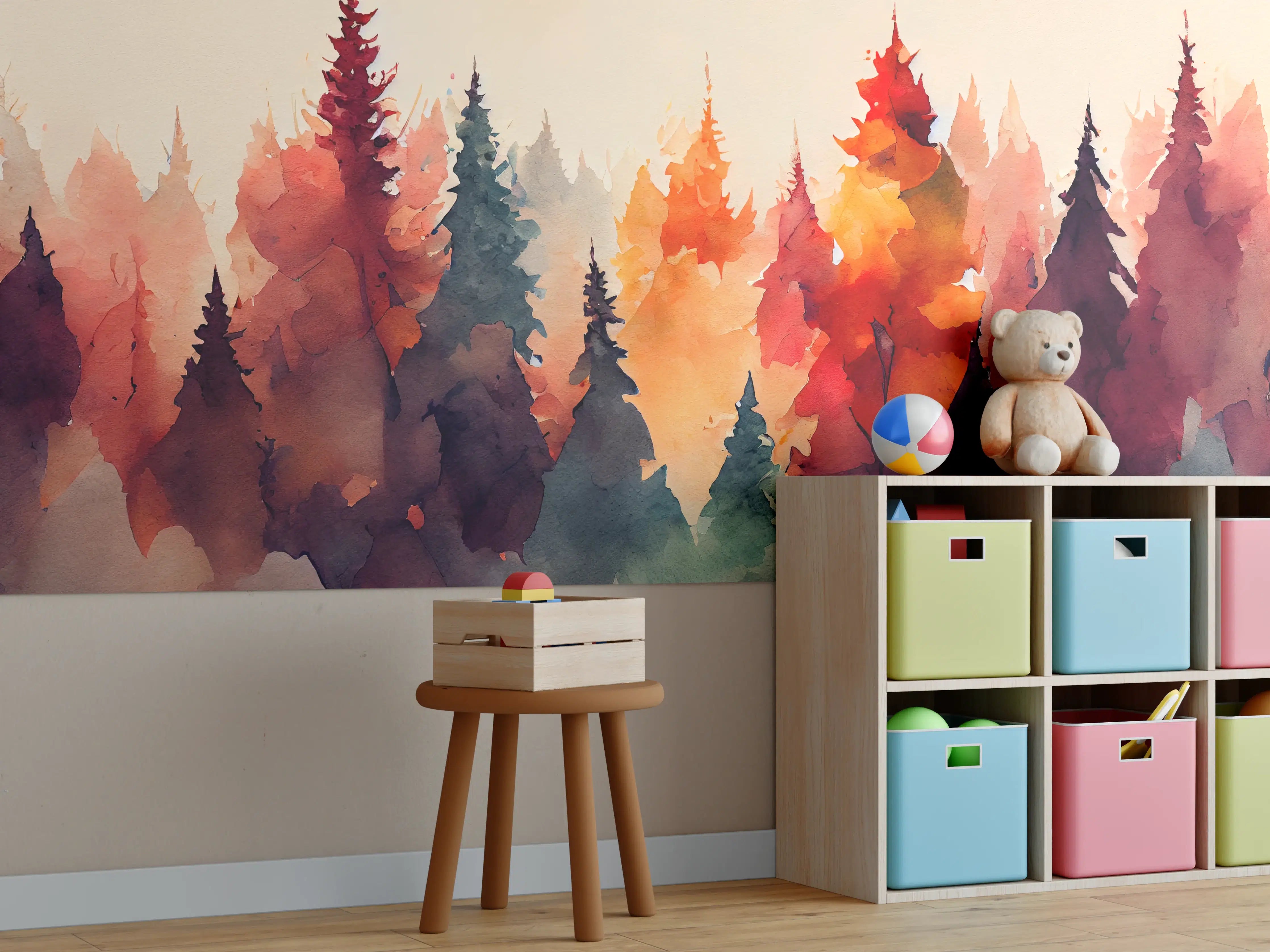 Kinderzimmer Wandgestaltung - Farbenfrohe Aquarell-Waldsilhouette