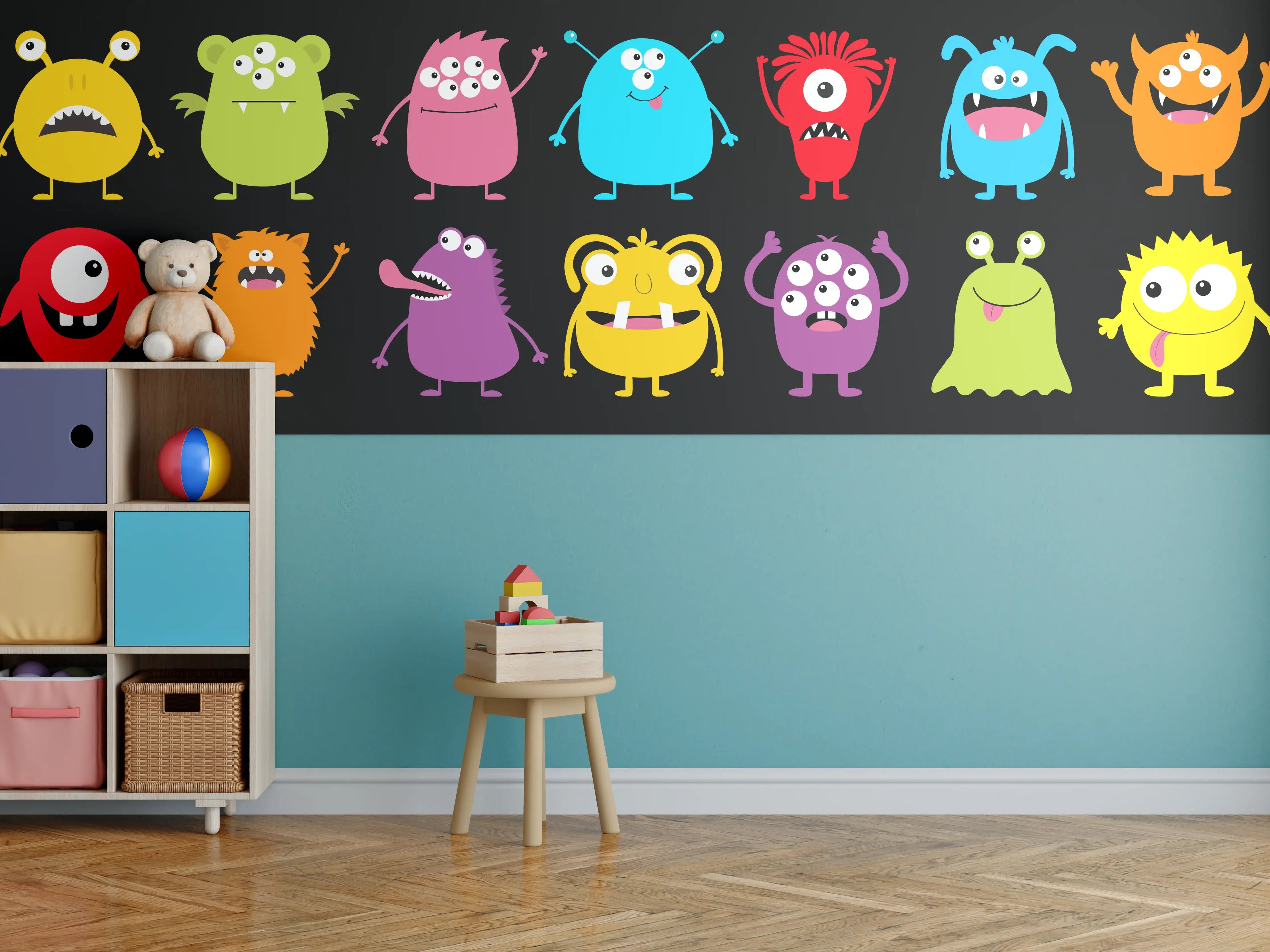 Kinderzimmer Wandgestaltung - Farbenfrohe Monster-Charaktere auf schwarzem Hintergrund
