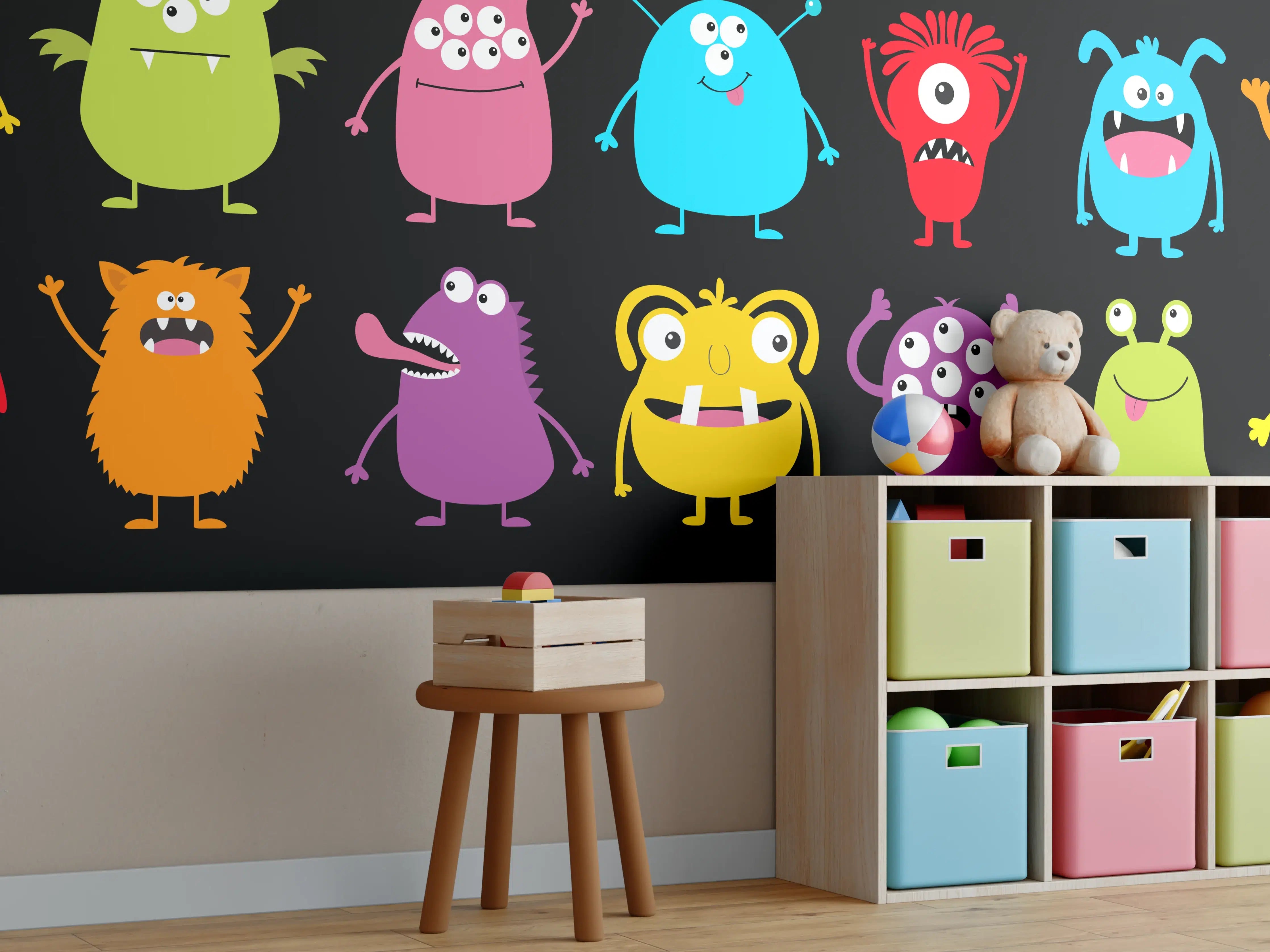 Kinderzimmer Wandgestaltung - Farbenfrohe Monster-Charaktere auf schwarzem Hintergrund