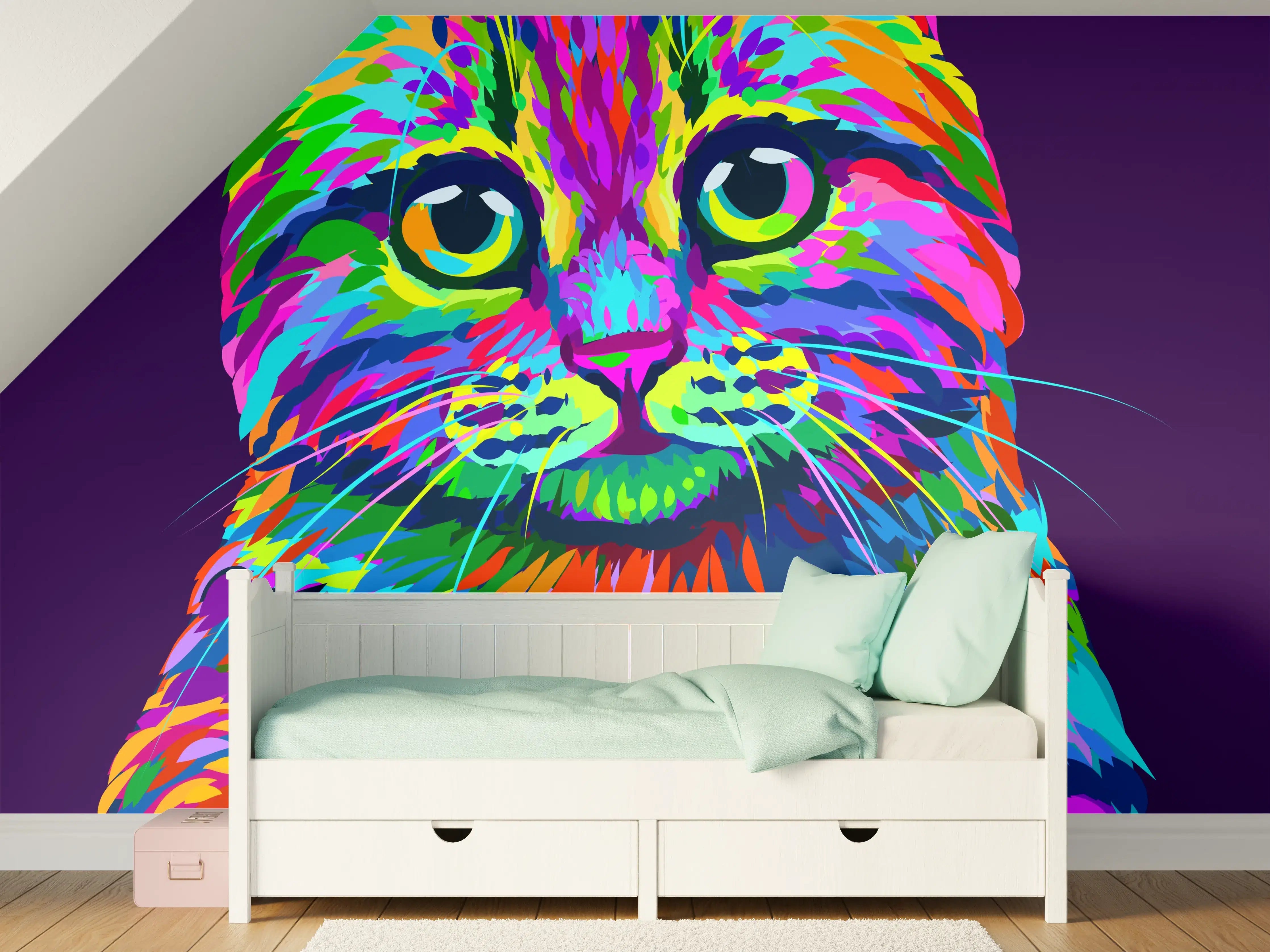 Kinderzimmer Wandgestaltung - Farbenfrohe Neon-Katzen-Illustration
