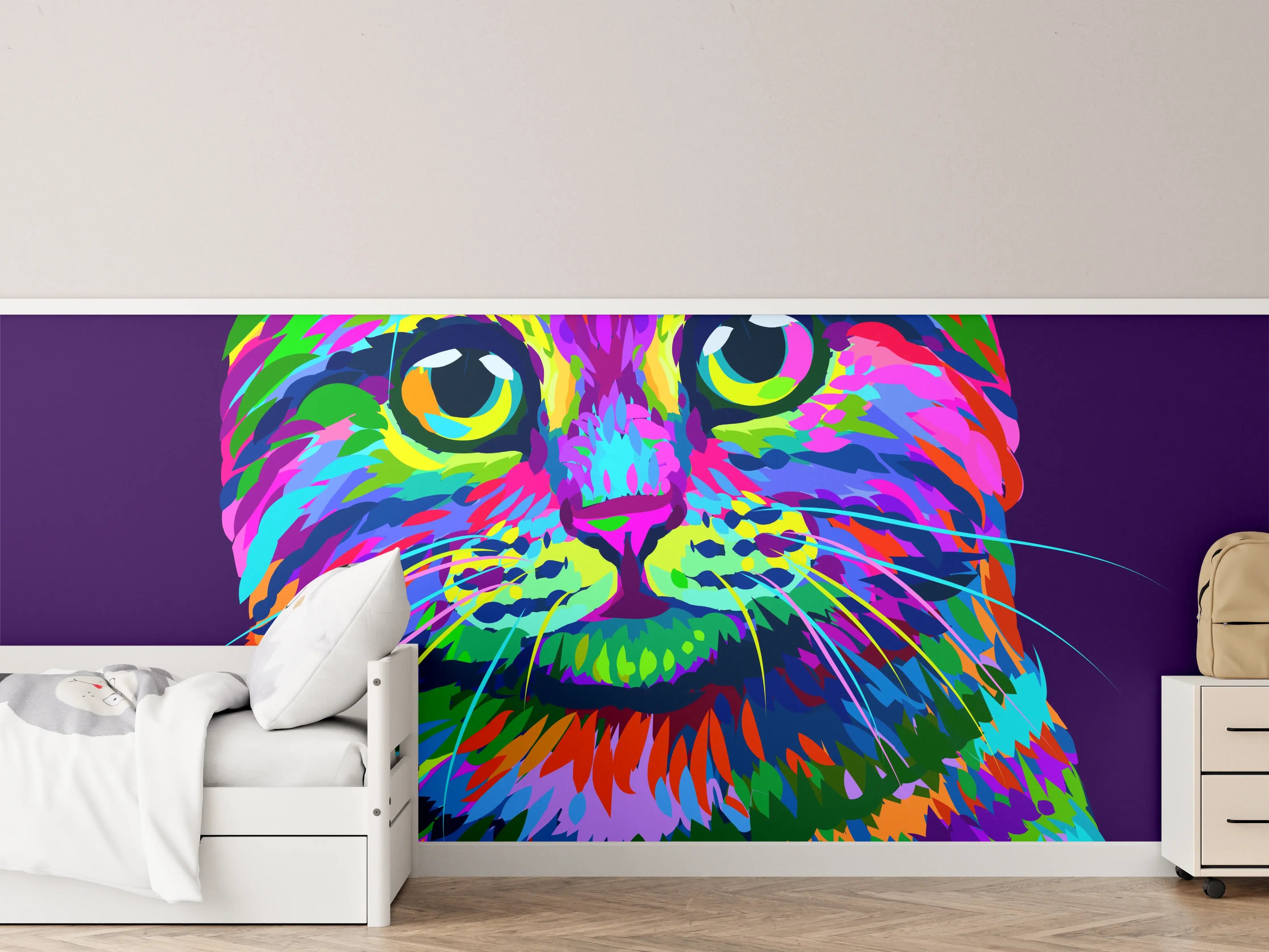 Kinderzimmer Wandgestaltung - Farbenfrohe Neon-Katzen-Illustration