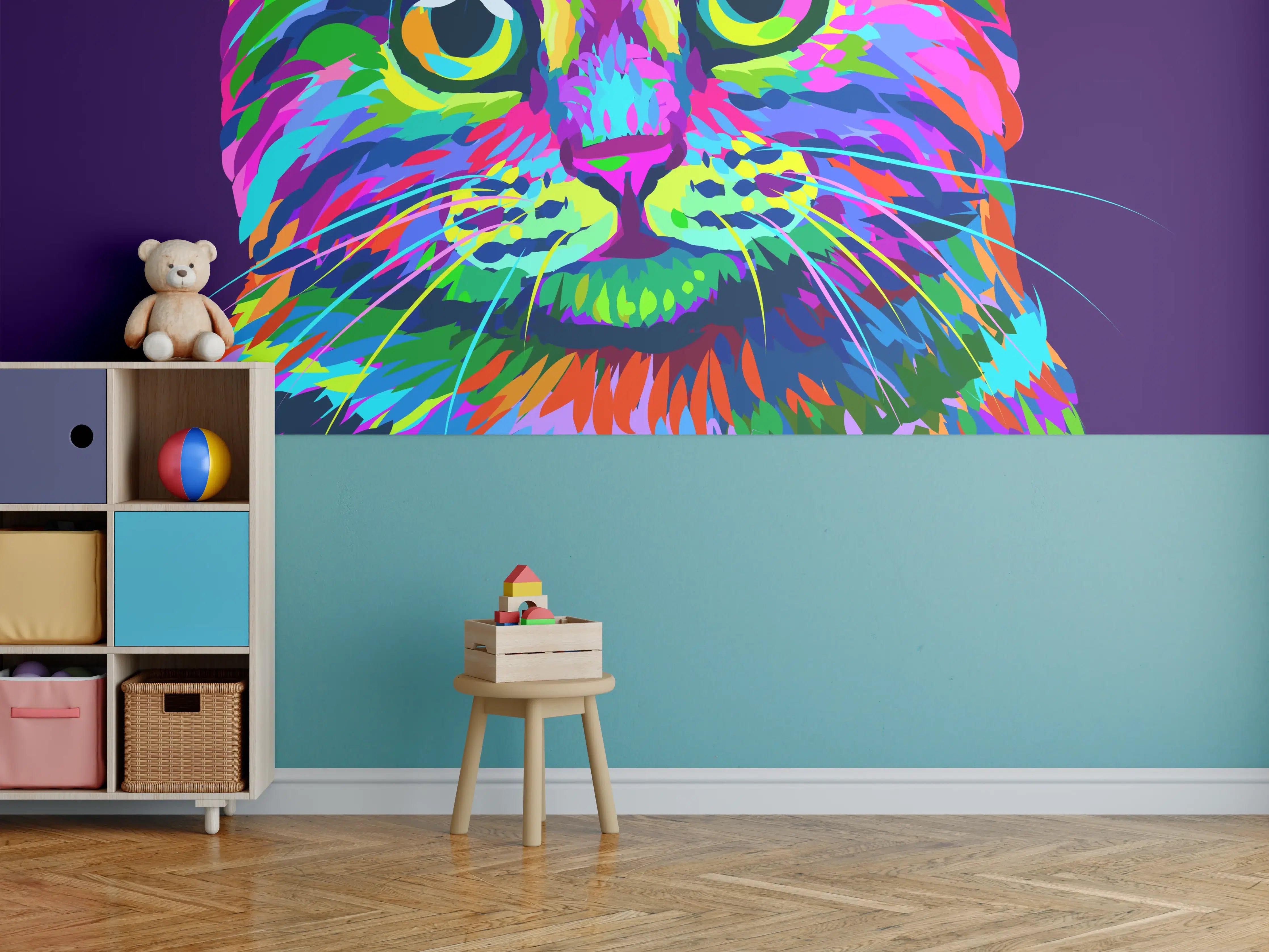 Kinderzimmer Wandgestaltung - Farbenfrohe Neon-Katzen-Illustration