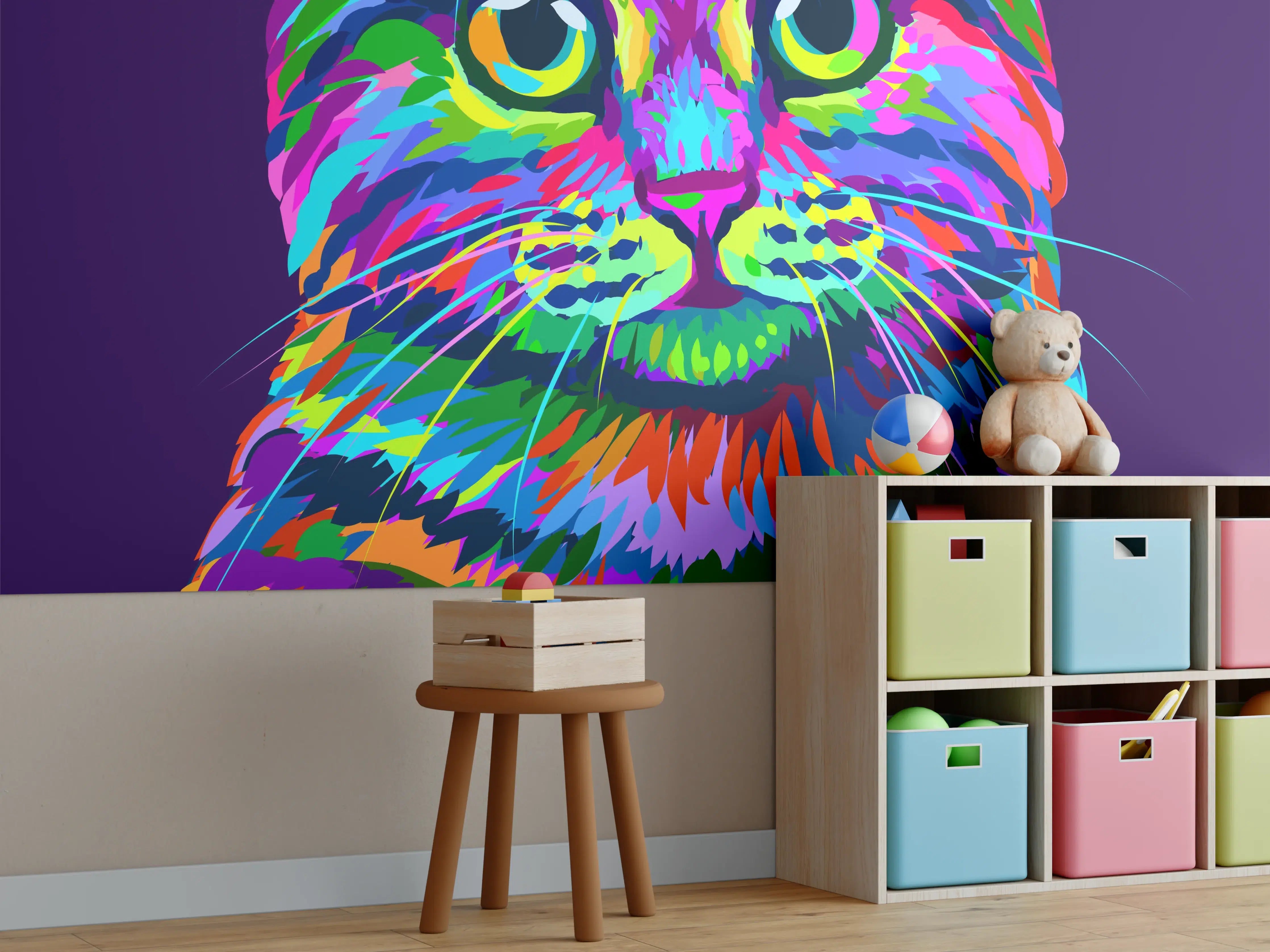 Kinderzimmer Wandgestaltung - Farbenfrohe Neon-Katzen-Illustration