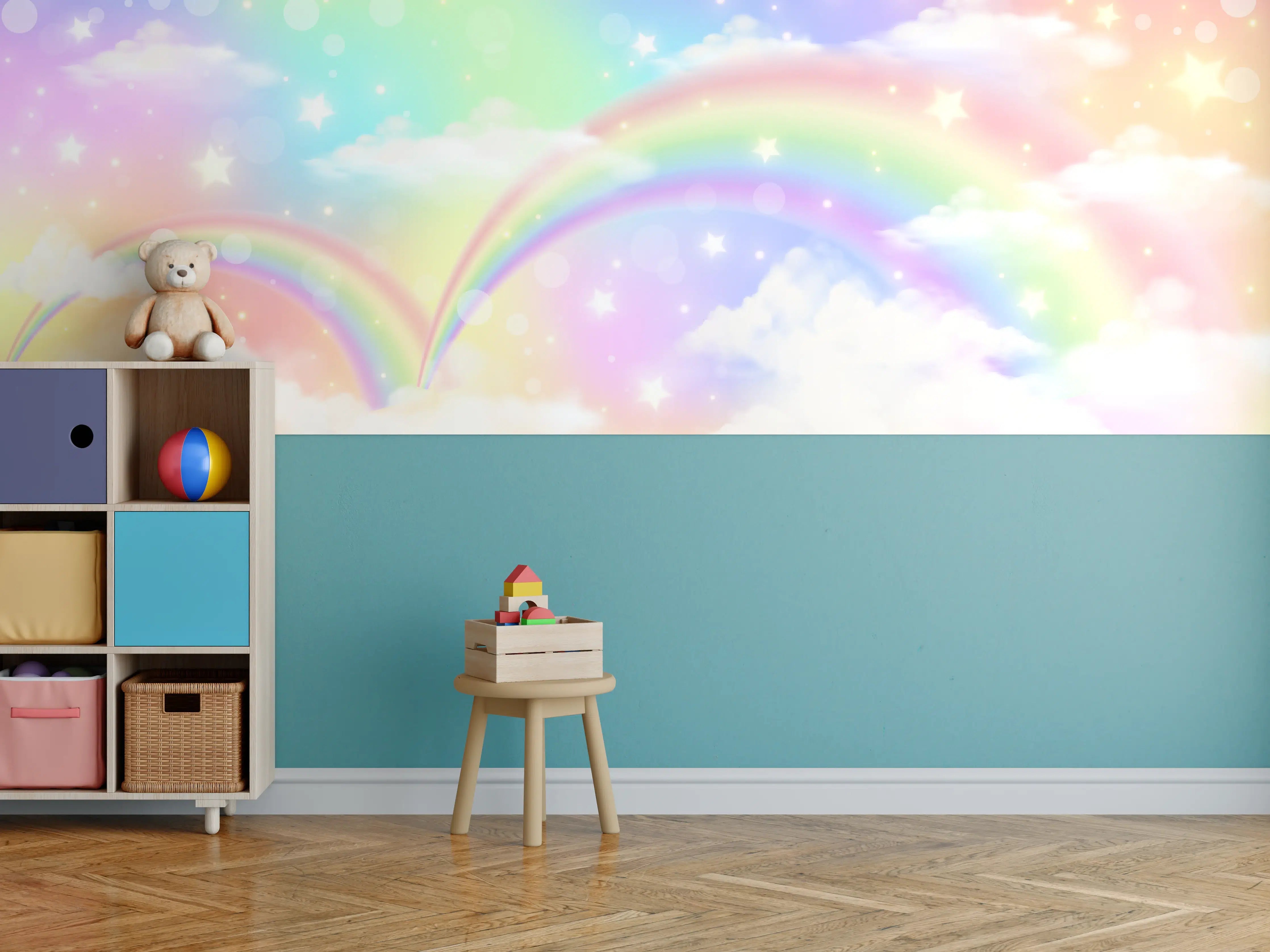 Kinderzimmer Wandgestaltung - Farbenfroher Regenbogen im Himmel