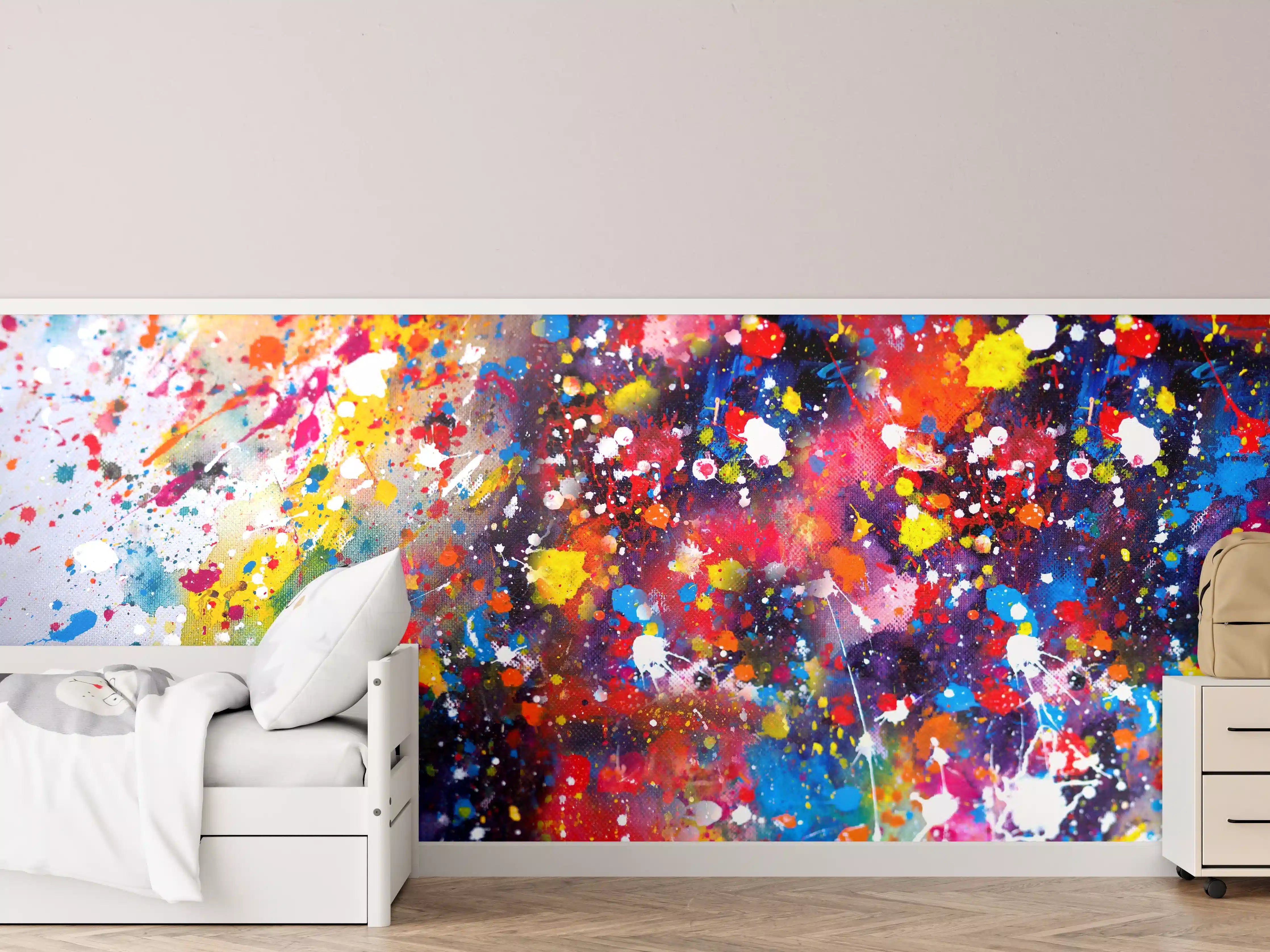 Kinderzimmer Wandgestaltung - Farbenfrohes Acryl-Splatterkunstwerk