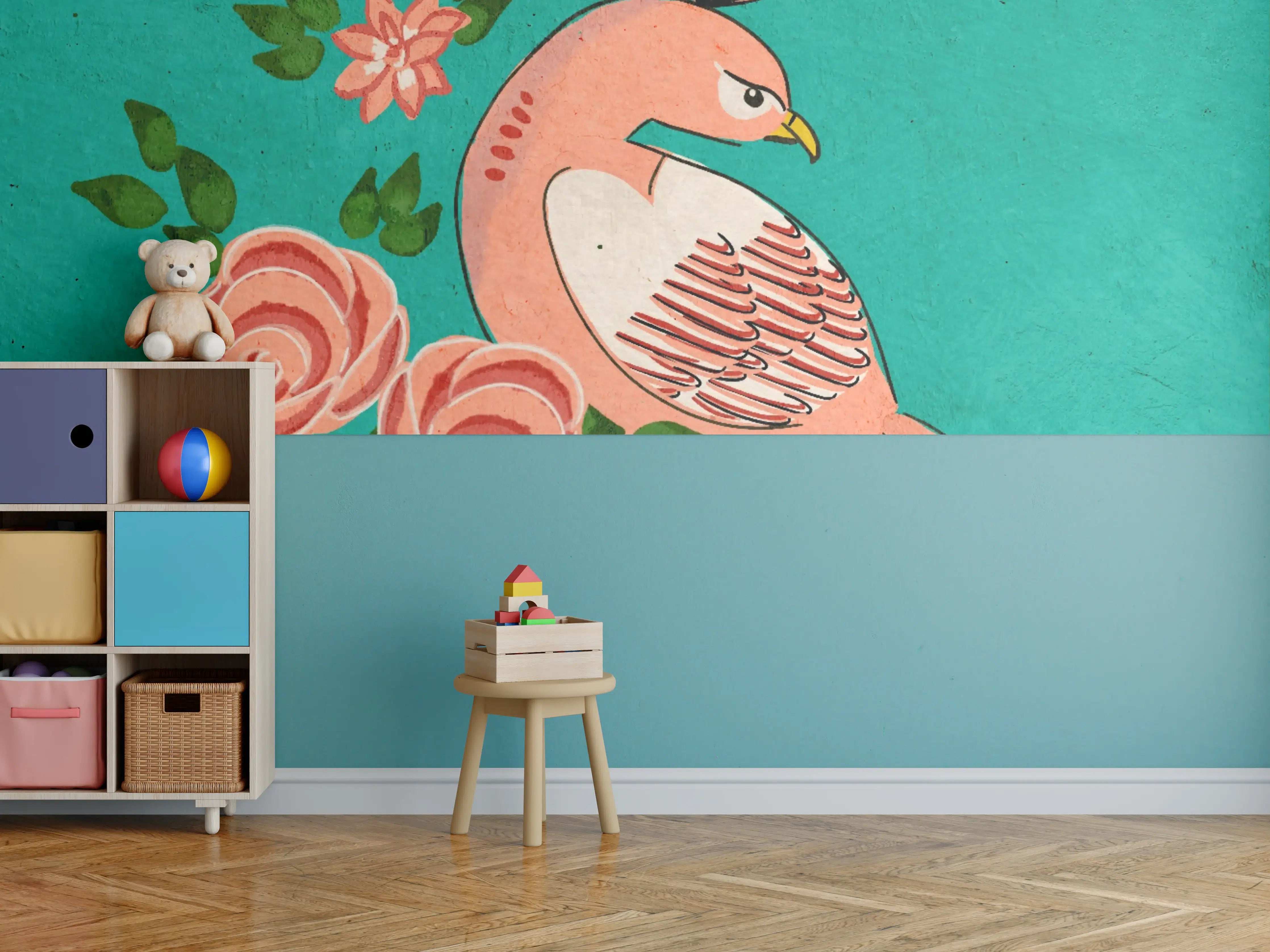 Kinderzimmer Wandgestaltung - Farbkräftiger Papagei mit Blumen