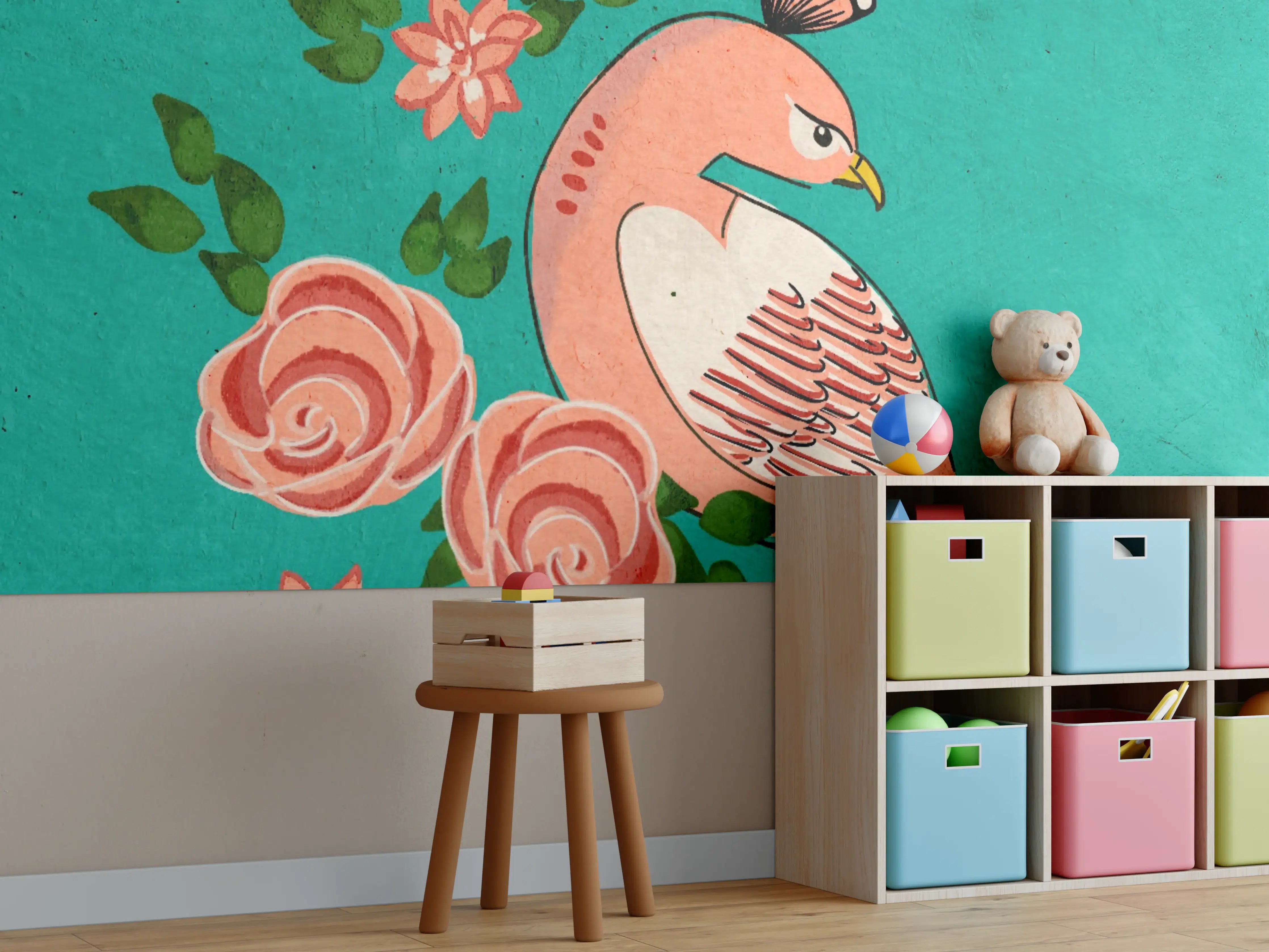 Kinderzimmer Wandgestaltung - Farbkräftiger Papagei mit Blumen
