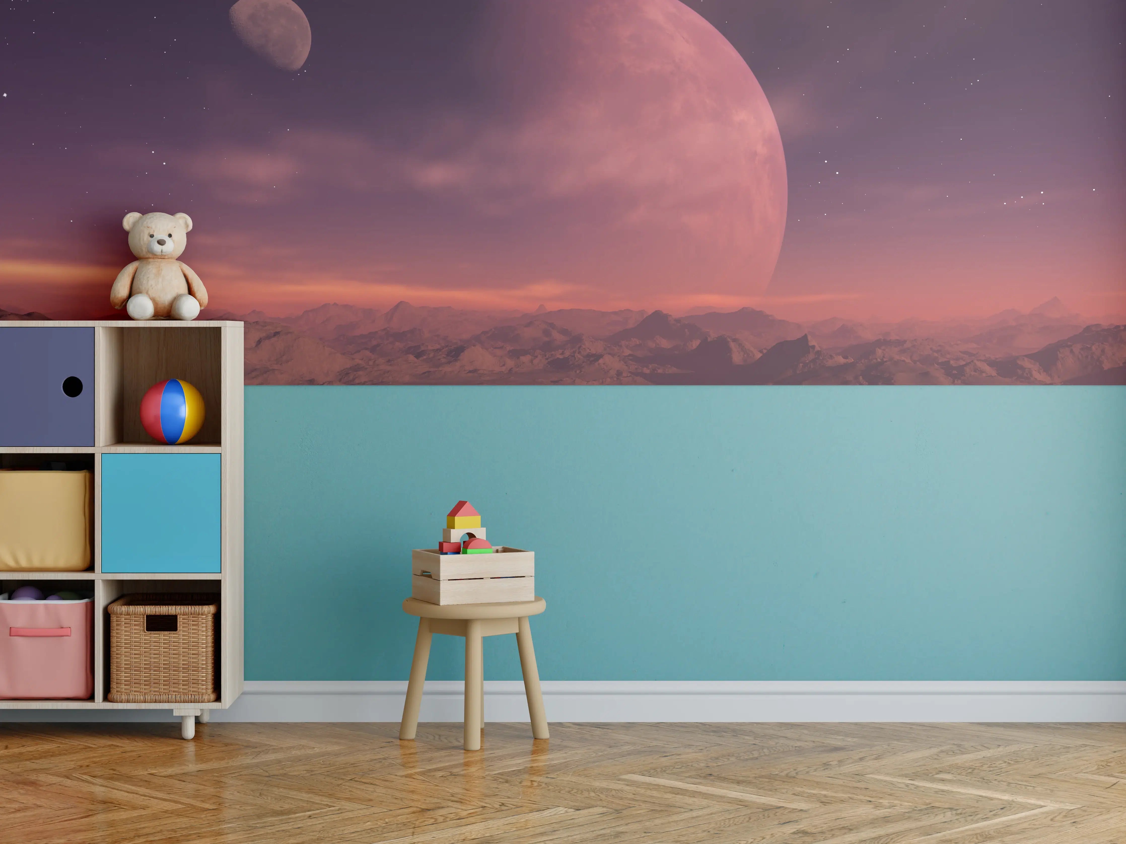 Kinderzimmer Wandgestaltung - Faszinierende Planetenkonstellation bei Sonnenuntergang