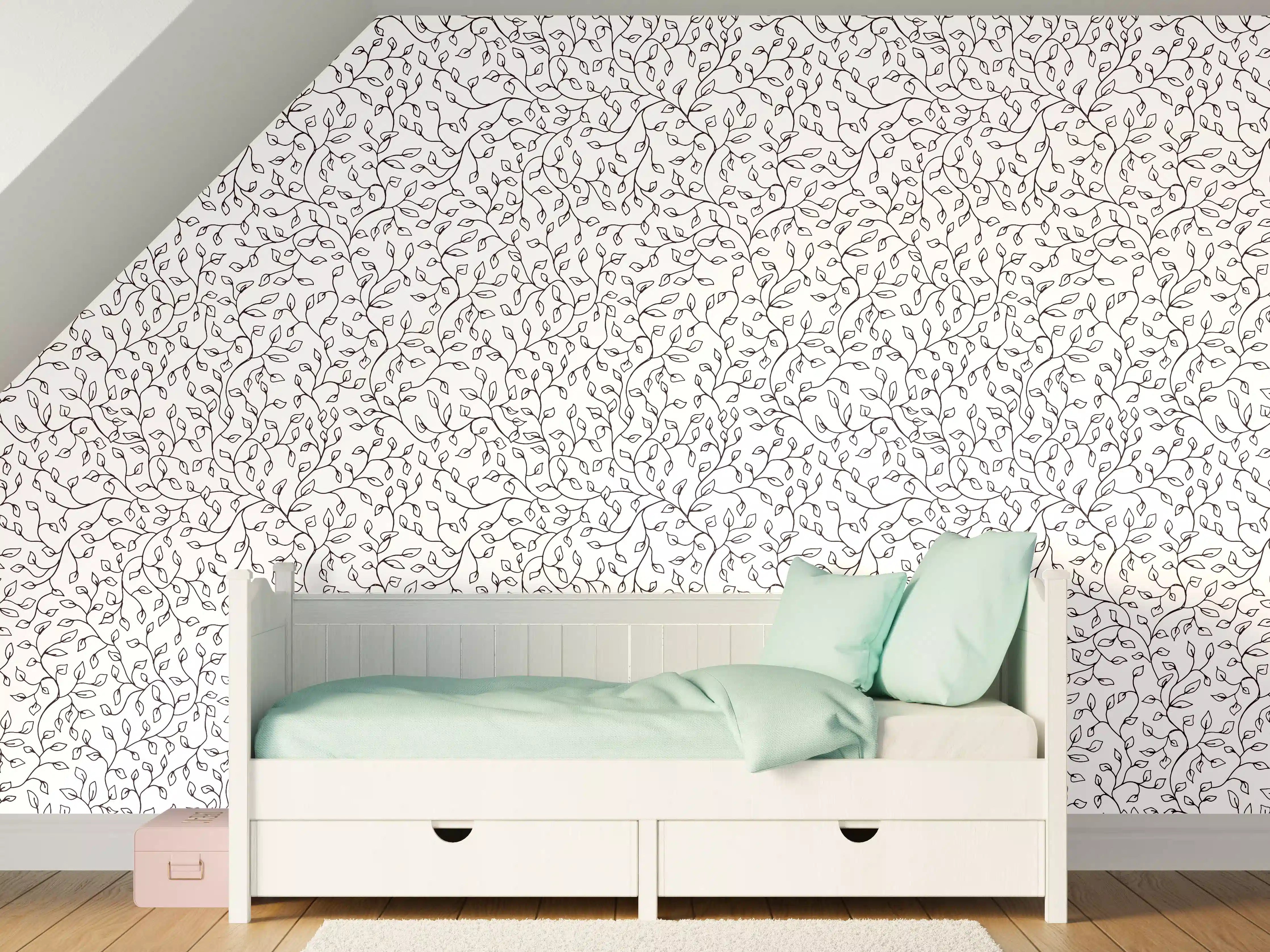 Kinderzimmer Wandgestaltung - Feine weiße Wand mit zartem lila Blumenmuster