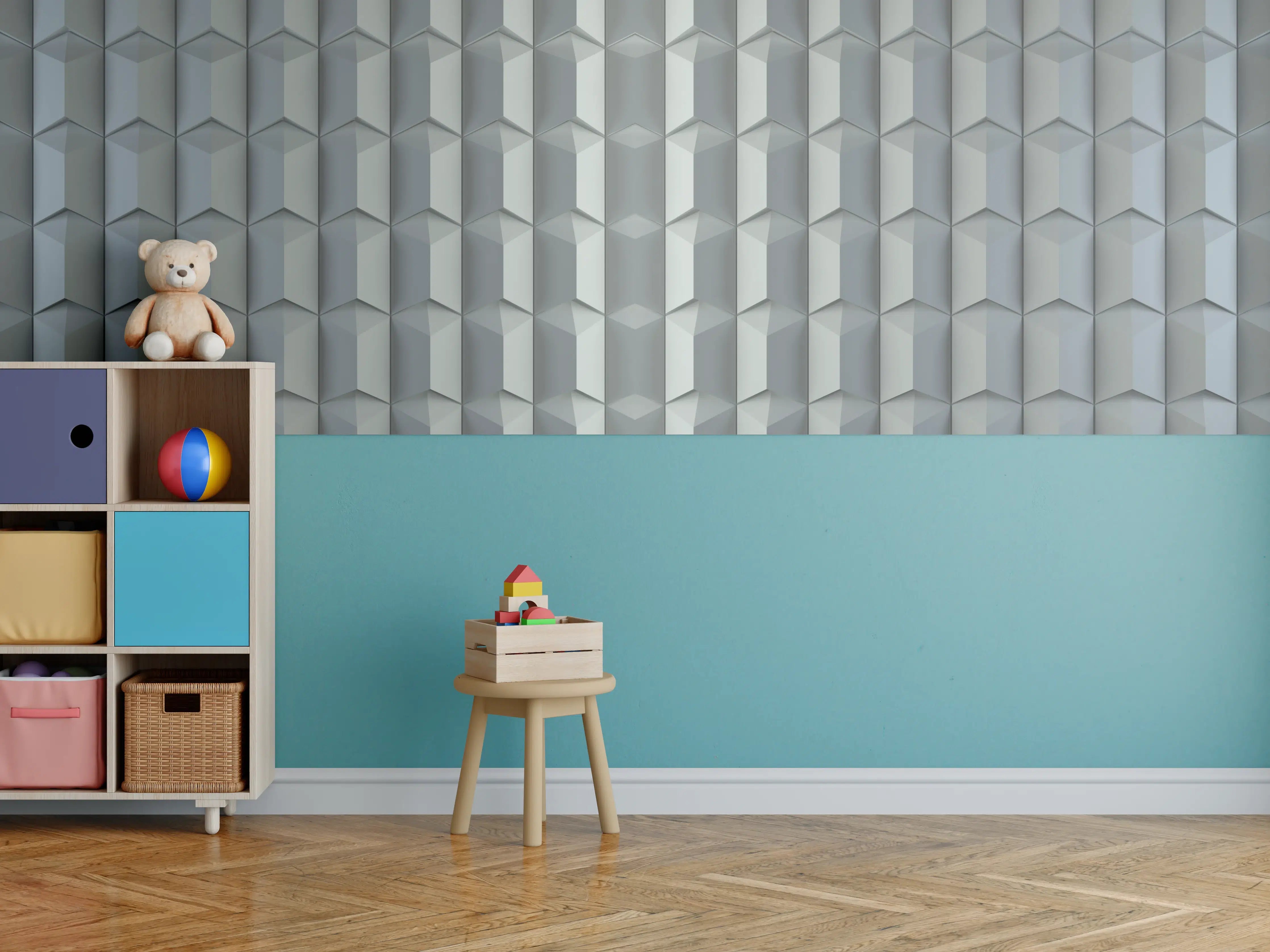 Kinderzimmer Wandgestaltung - Feines Weiß mit subtilen Graunuancen: Geometrisches Muster