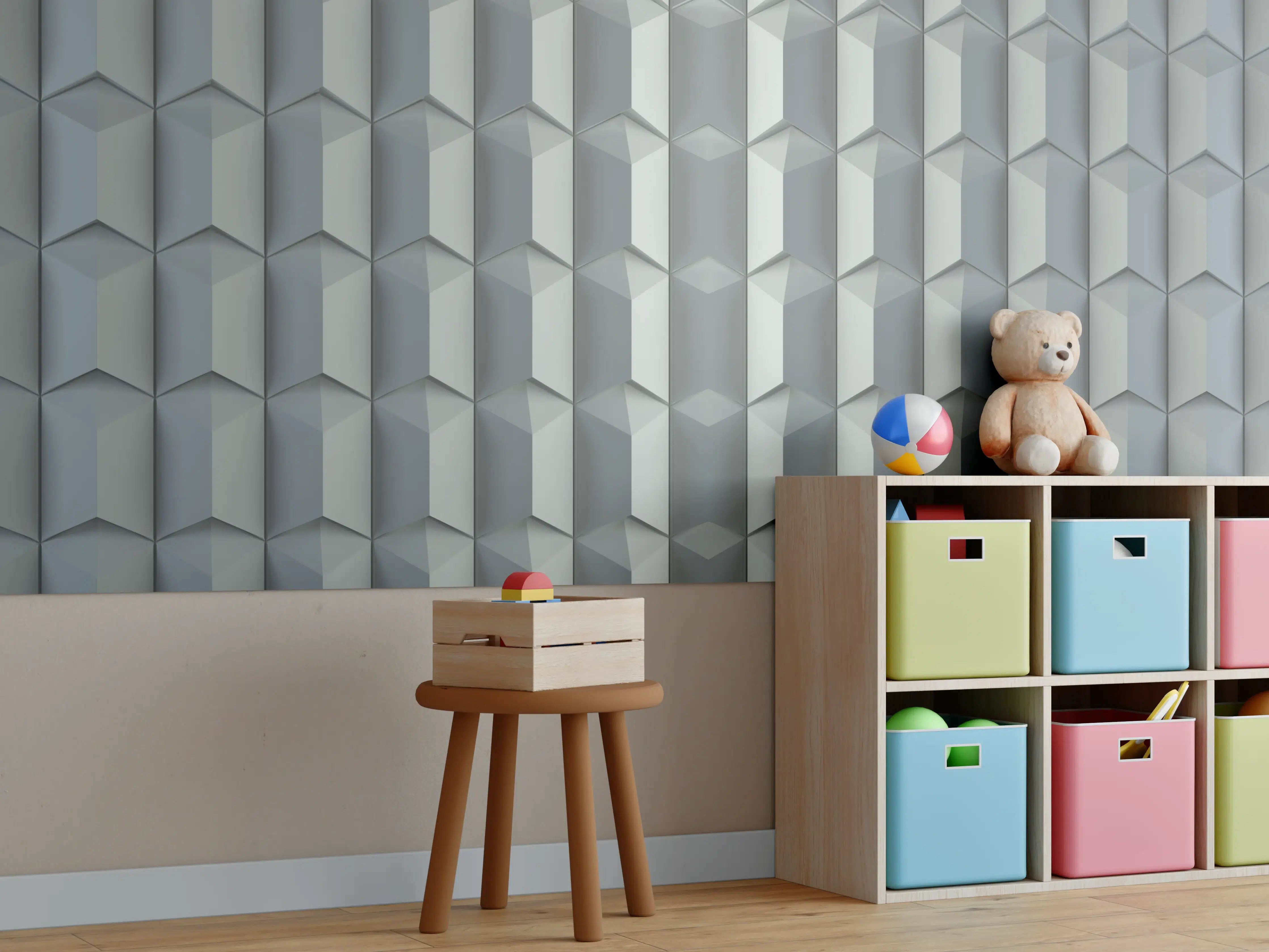 Kinderzimmer Wandgestaltung - Feines Weiß mit subtilen Graunuancen: Geometrisches Muster