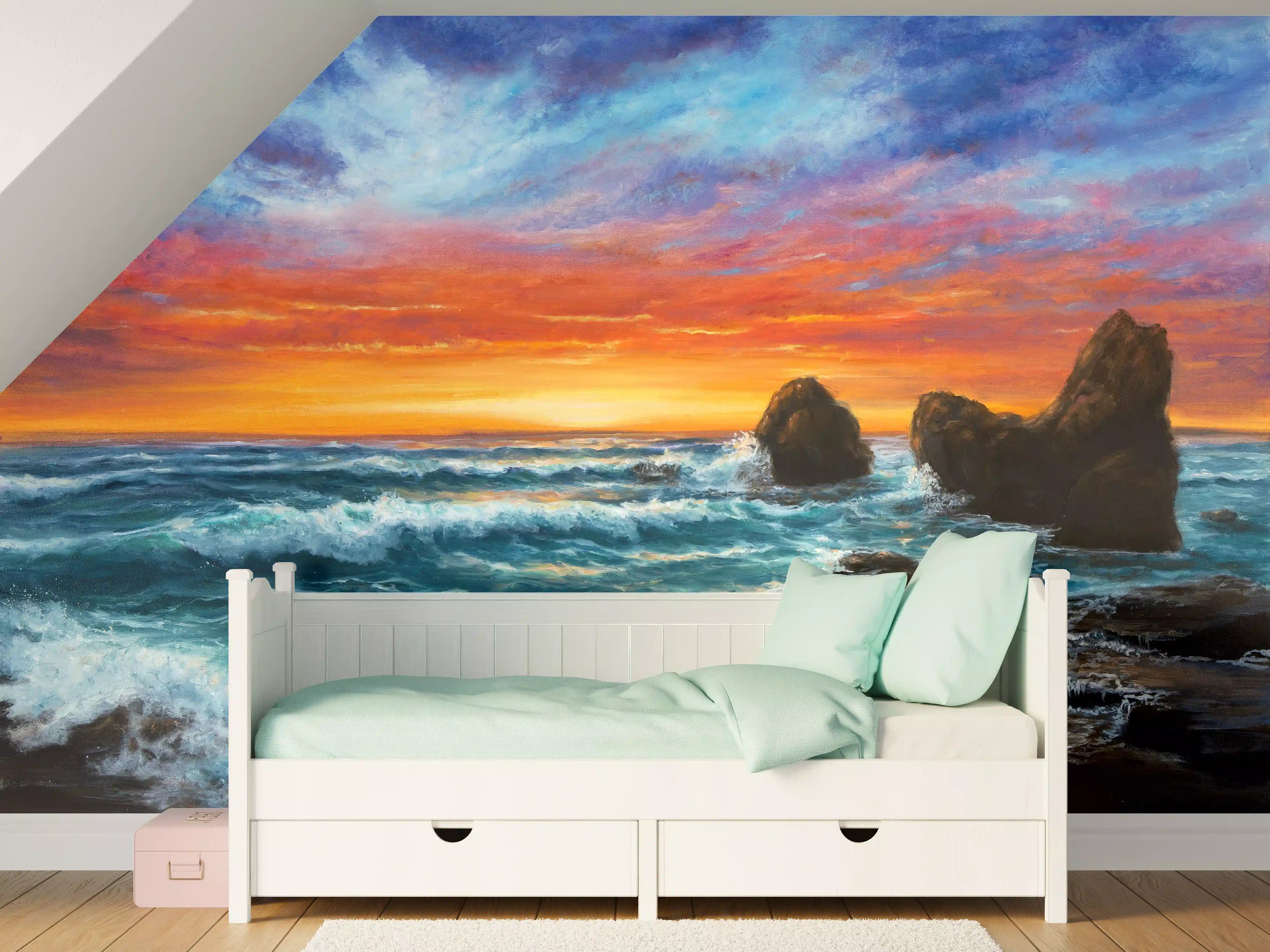 Kinderzimmer Wandgestaltung - Feuriger Sonnenuntergang am Meer