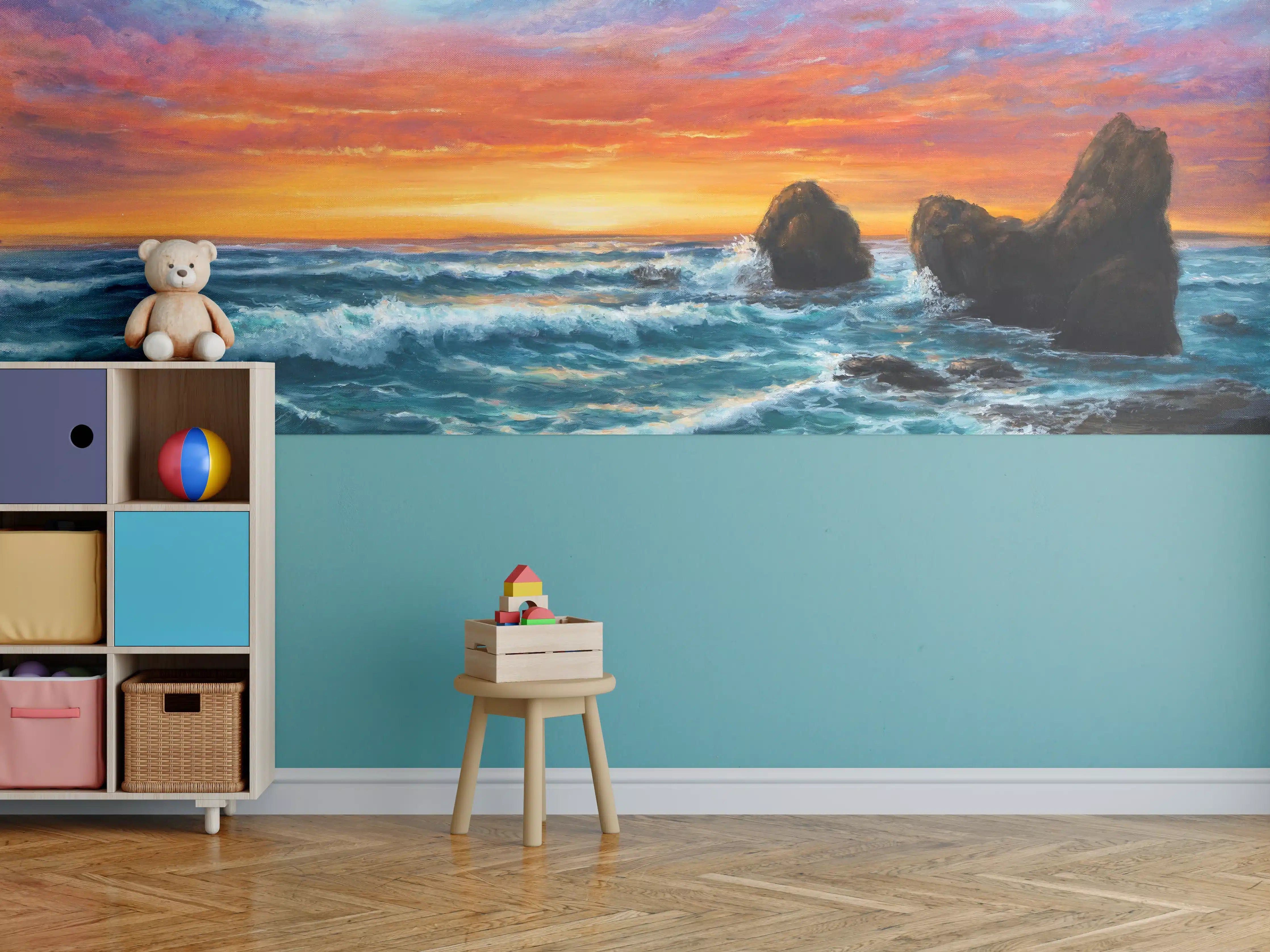 Kinderzimmer Wandgestaltung - Feuriger Sonnenuntergang am Meer
