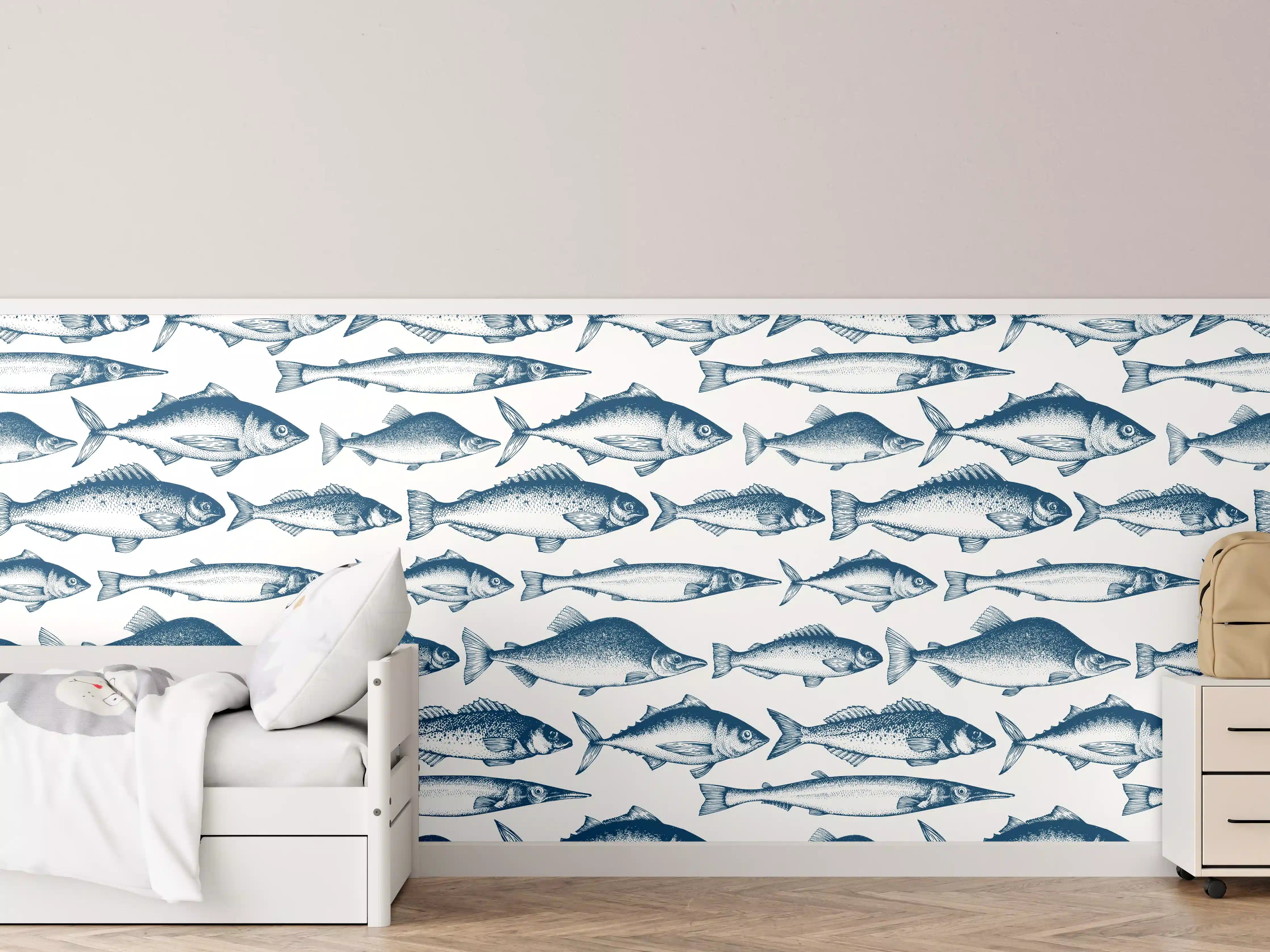 Kinderzimmer Wandgestaltung - Fisch-Design in Blau und Weiß