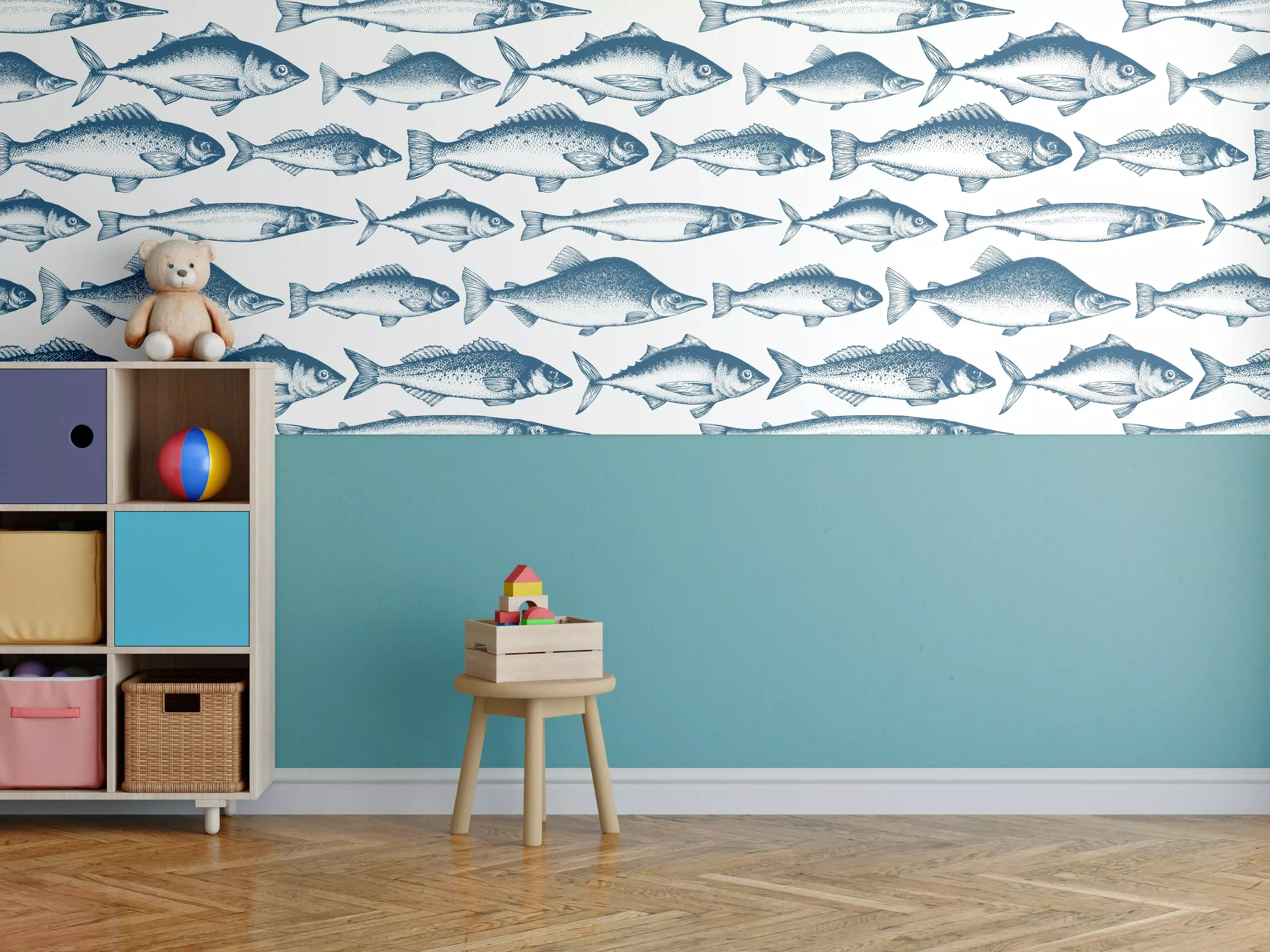 Kinderzimmer Wandgestaltung - Fisch-Design in Blau und Weiß