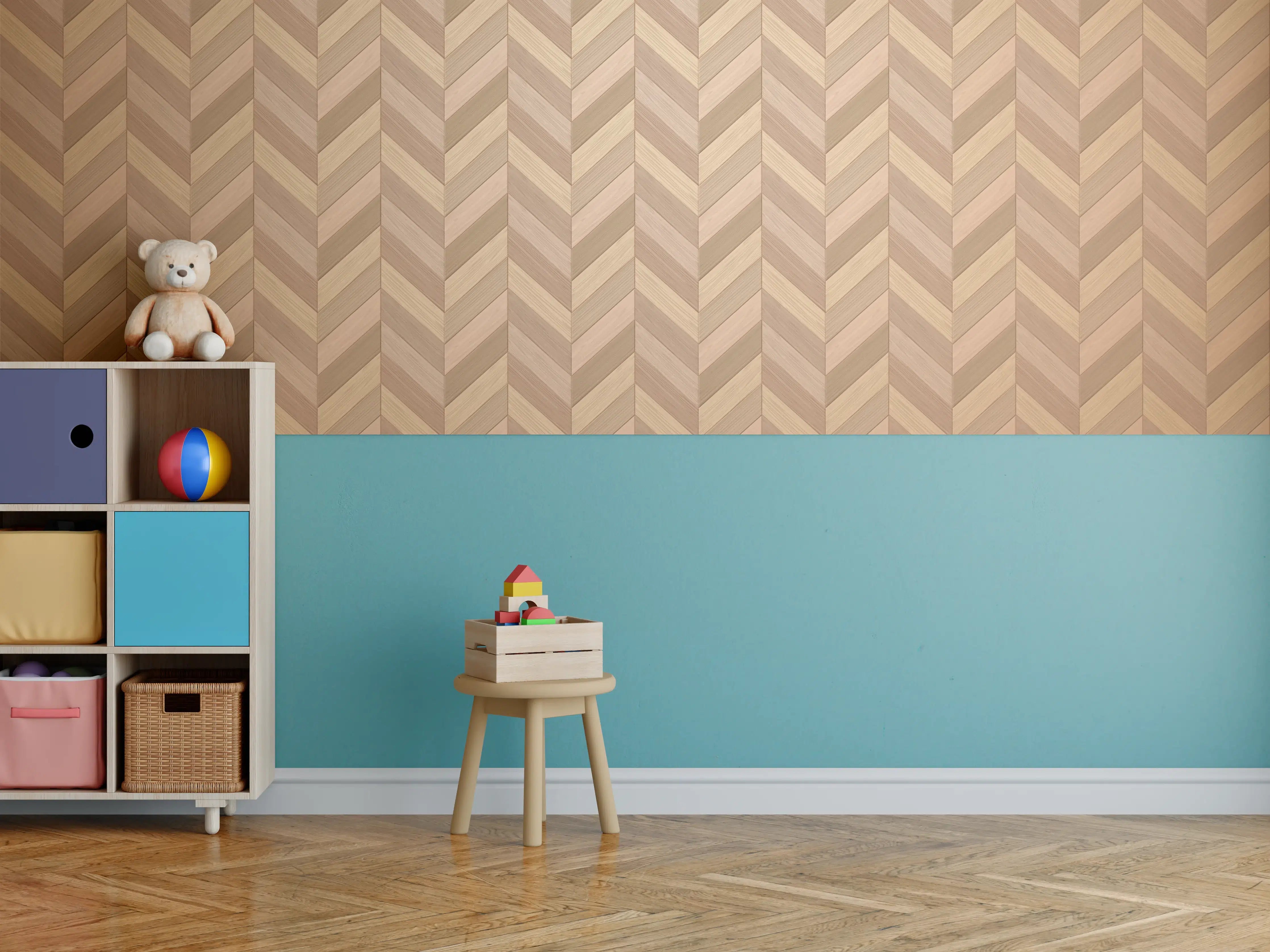 Kinderzimmer Wandgestaltung - Fischgrät Parkett Braun