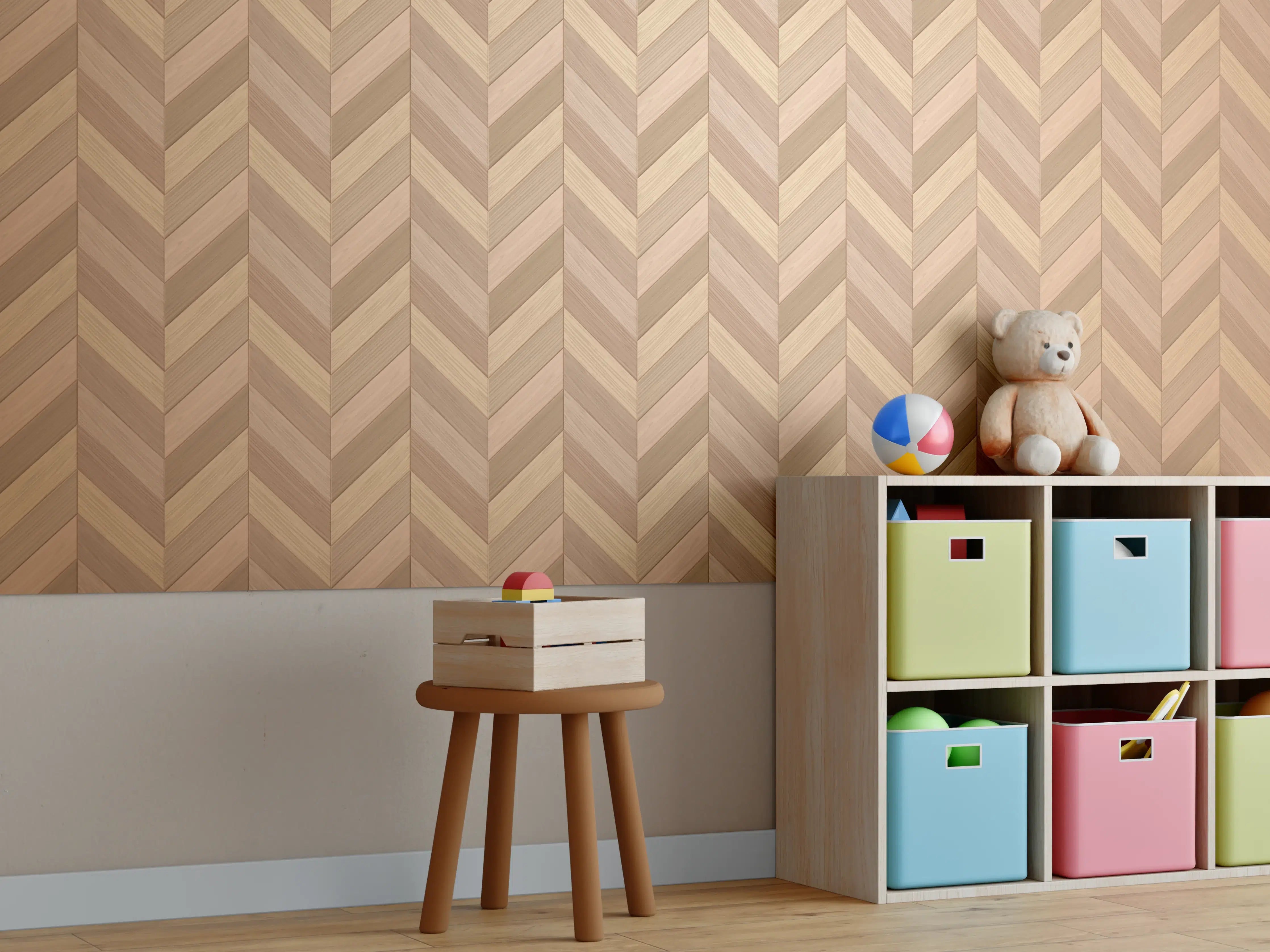 Kinderzimmer Wandgestaltung - Fischgrät Parkett Braun