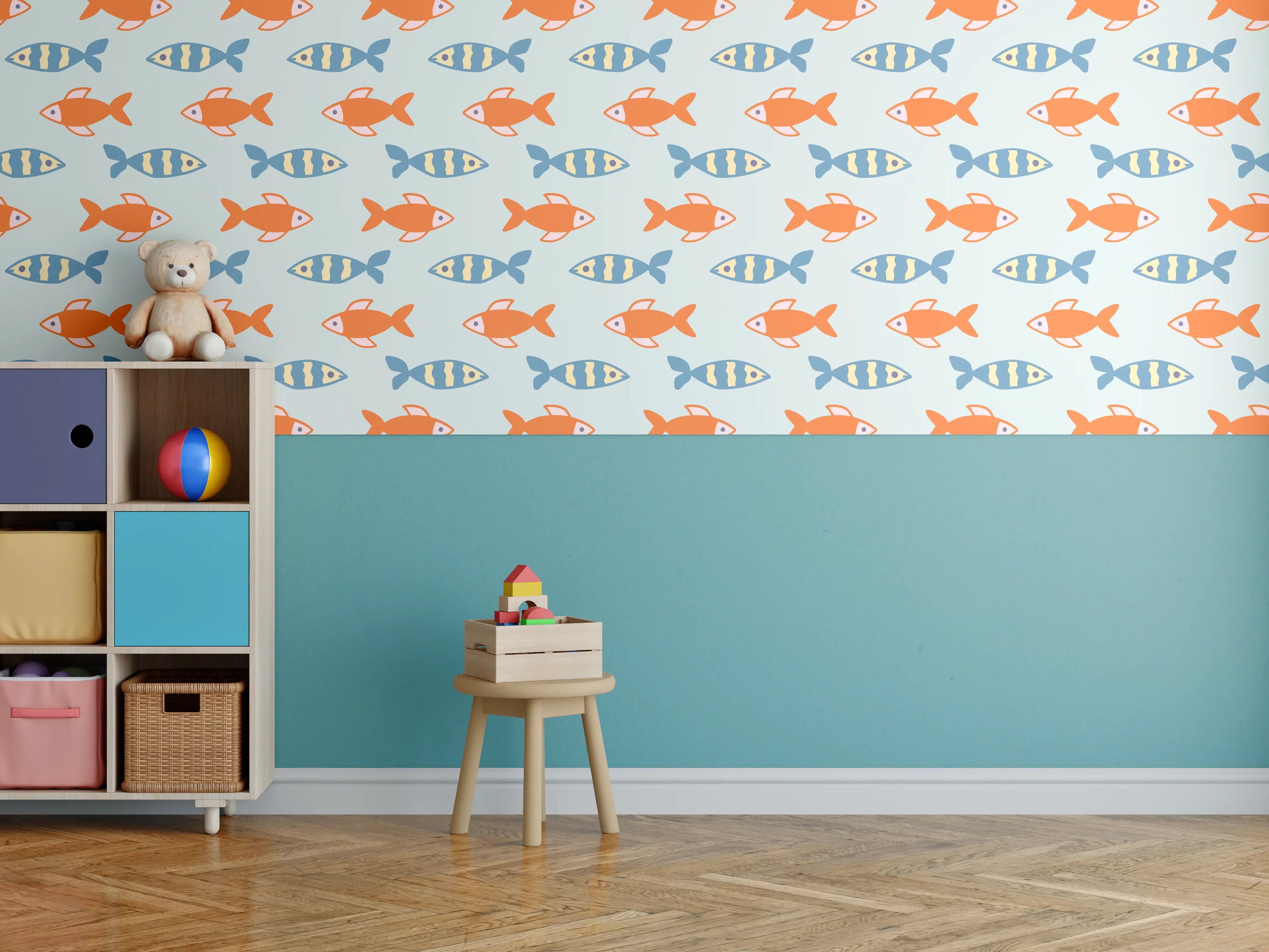 Kinderzimmer Wandgestaltung - Fischmuster Orange-Blau