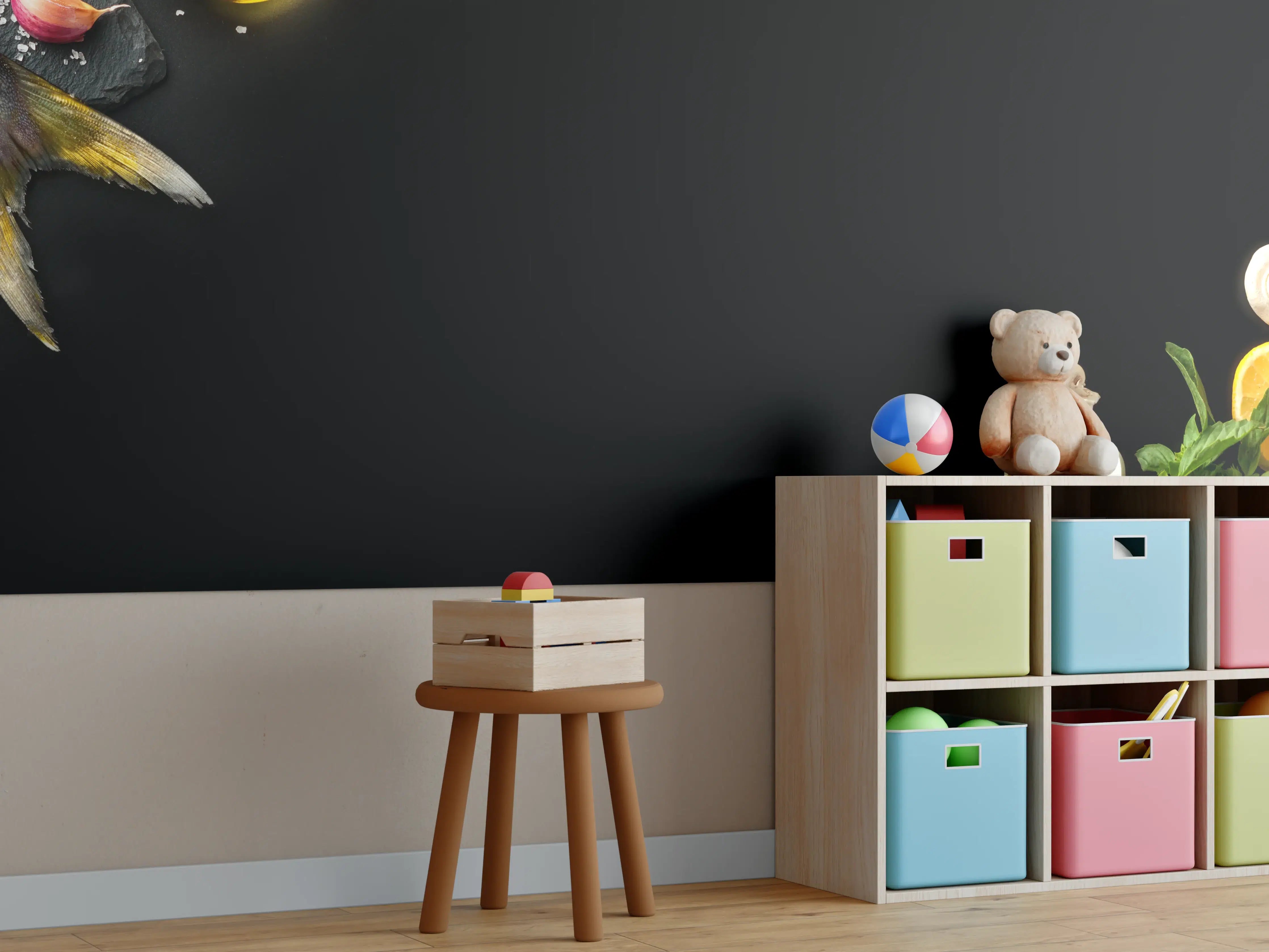 Kinderzimmer Wandgestaltung - Fischzutaten auf schwarzem Hintergrund