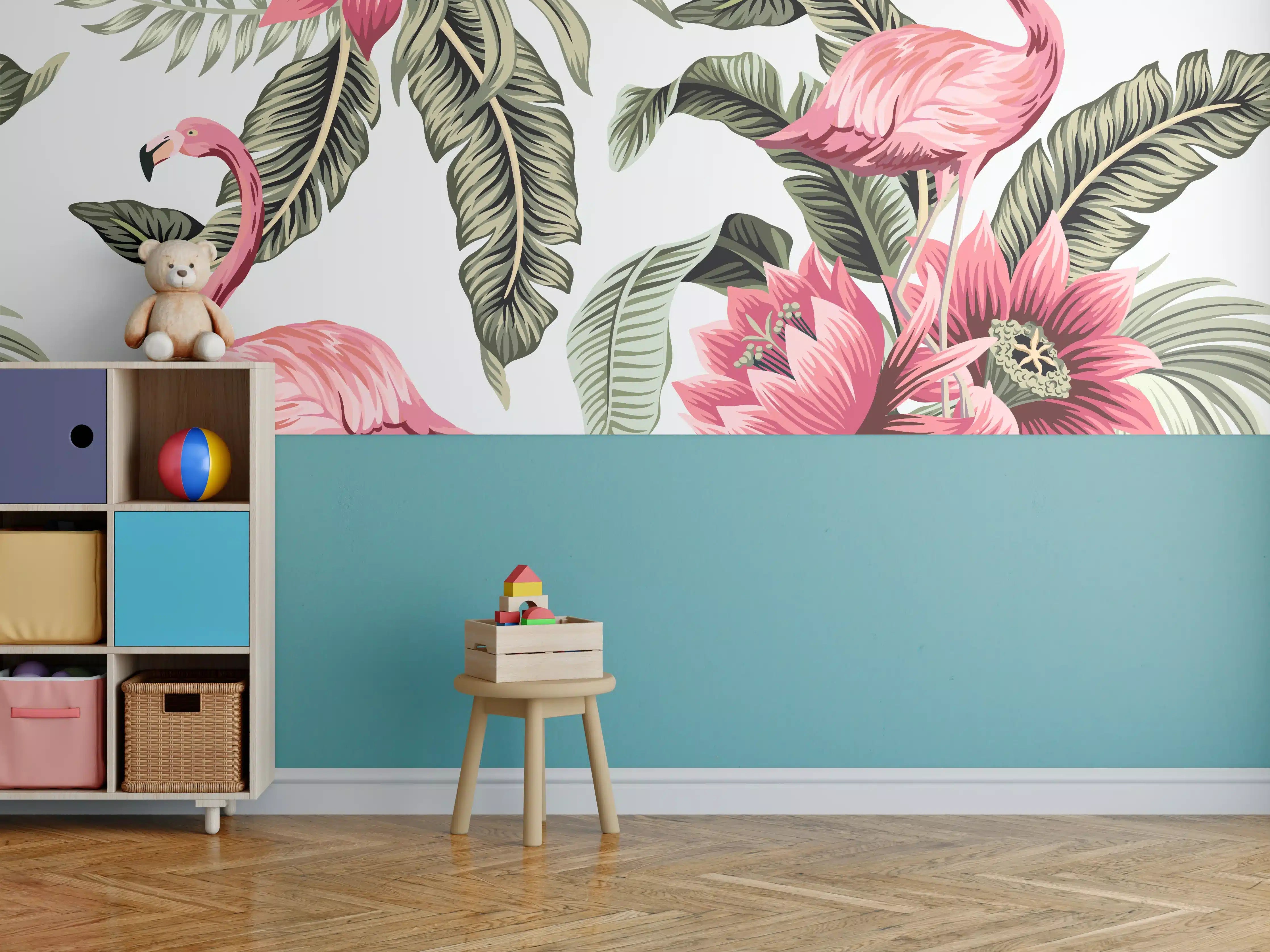 Kinderzimmer Wandgestaltung - Flamingo & Tropenblumen Muster