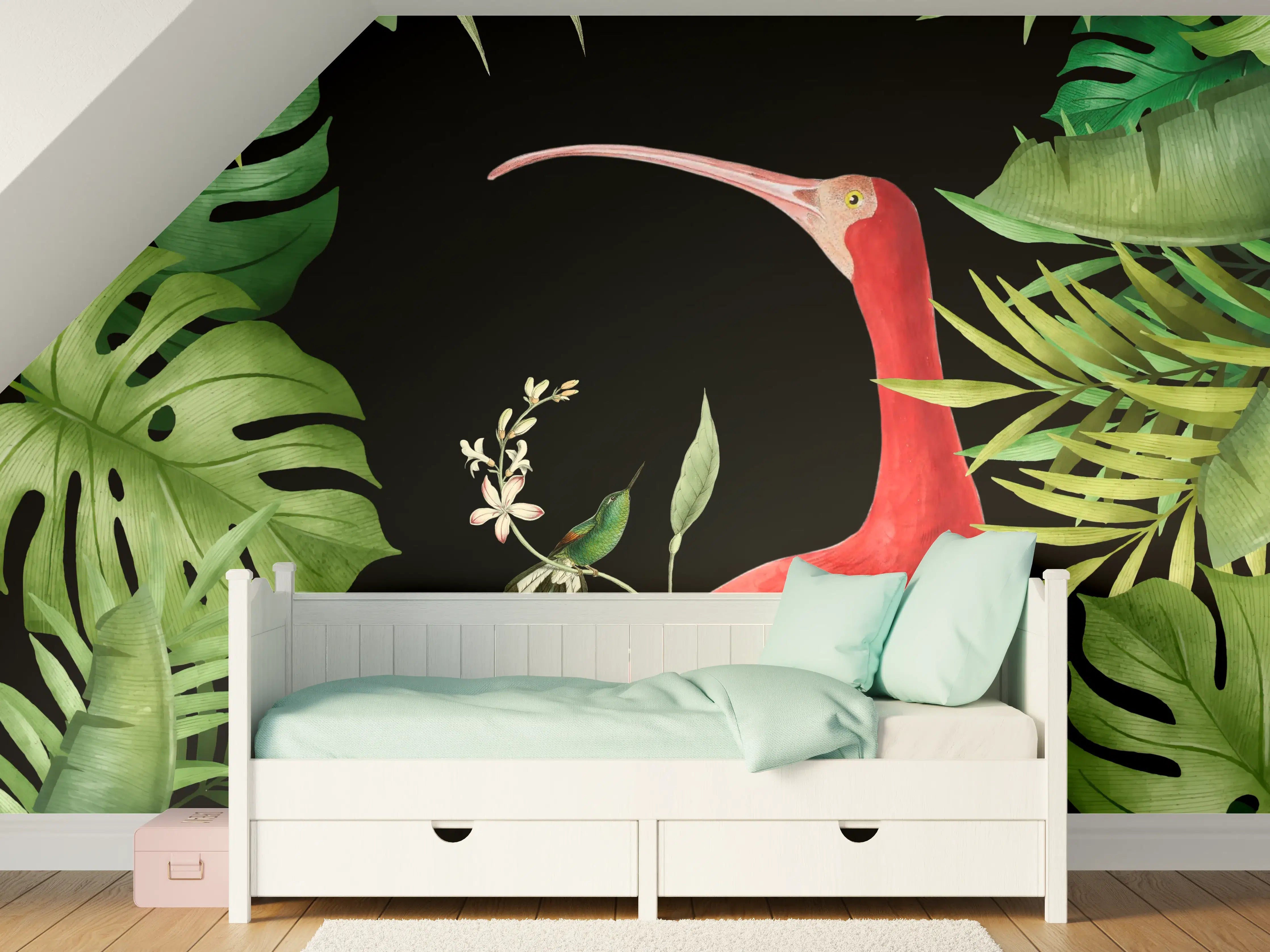 Kinderzimmer Wandgestaltung - Flamingo im Pflanzenrahmen