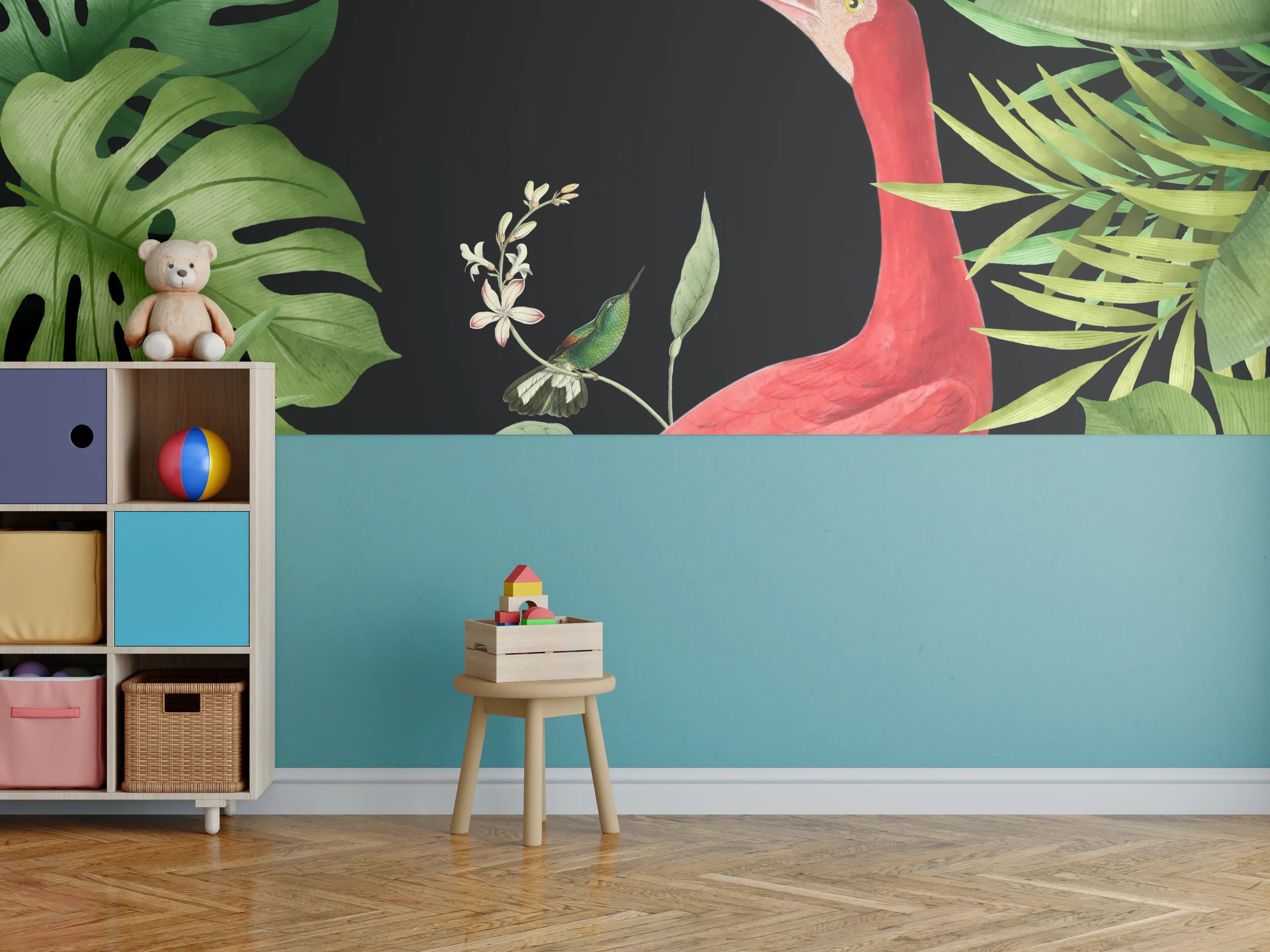 Kinderzimmer Wandgestaltung - Flamingo im Pflanzenrahmen