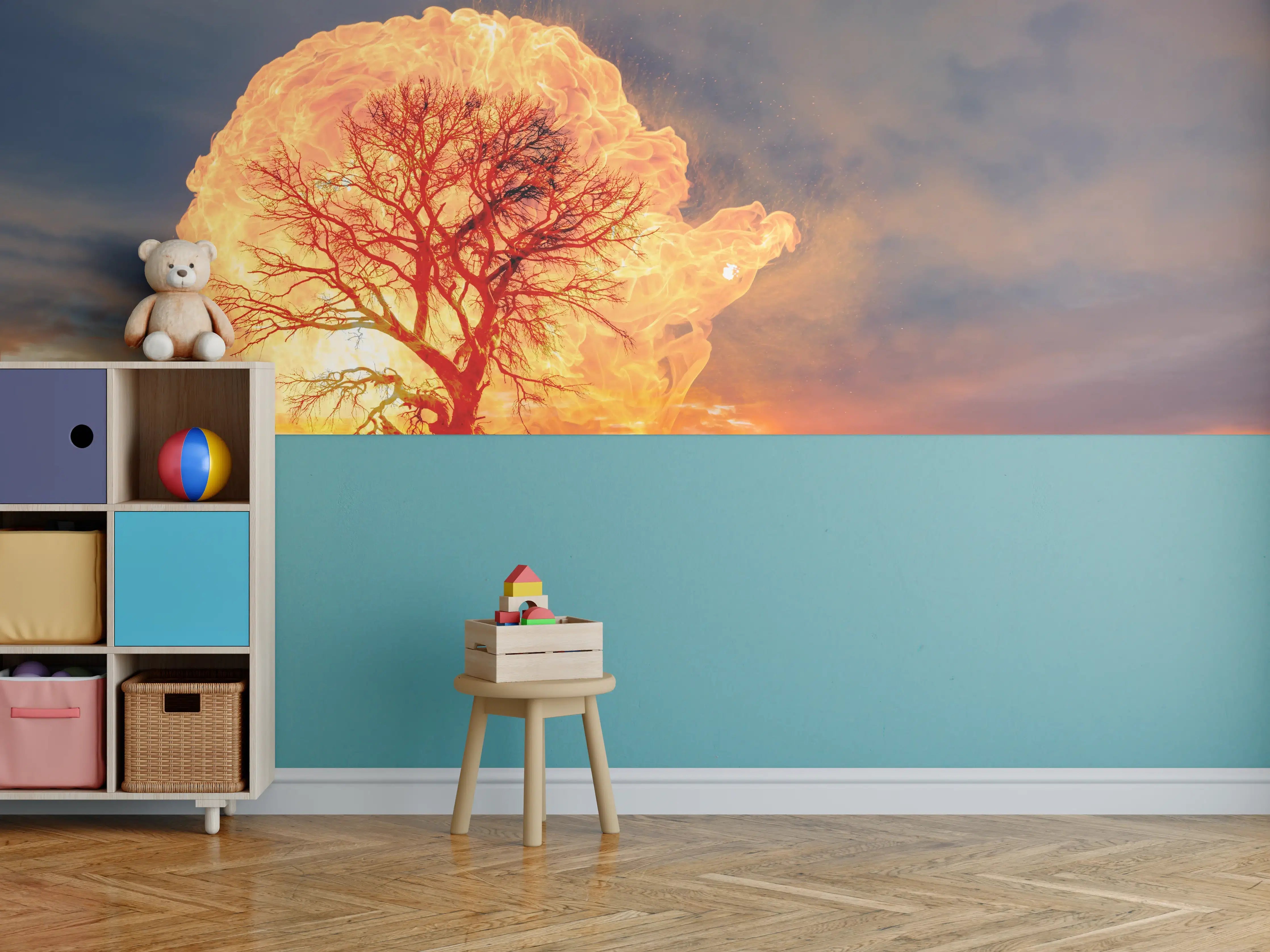 Kinderzimmer Wandgestaltung - Flammender Baum bei Gewitter