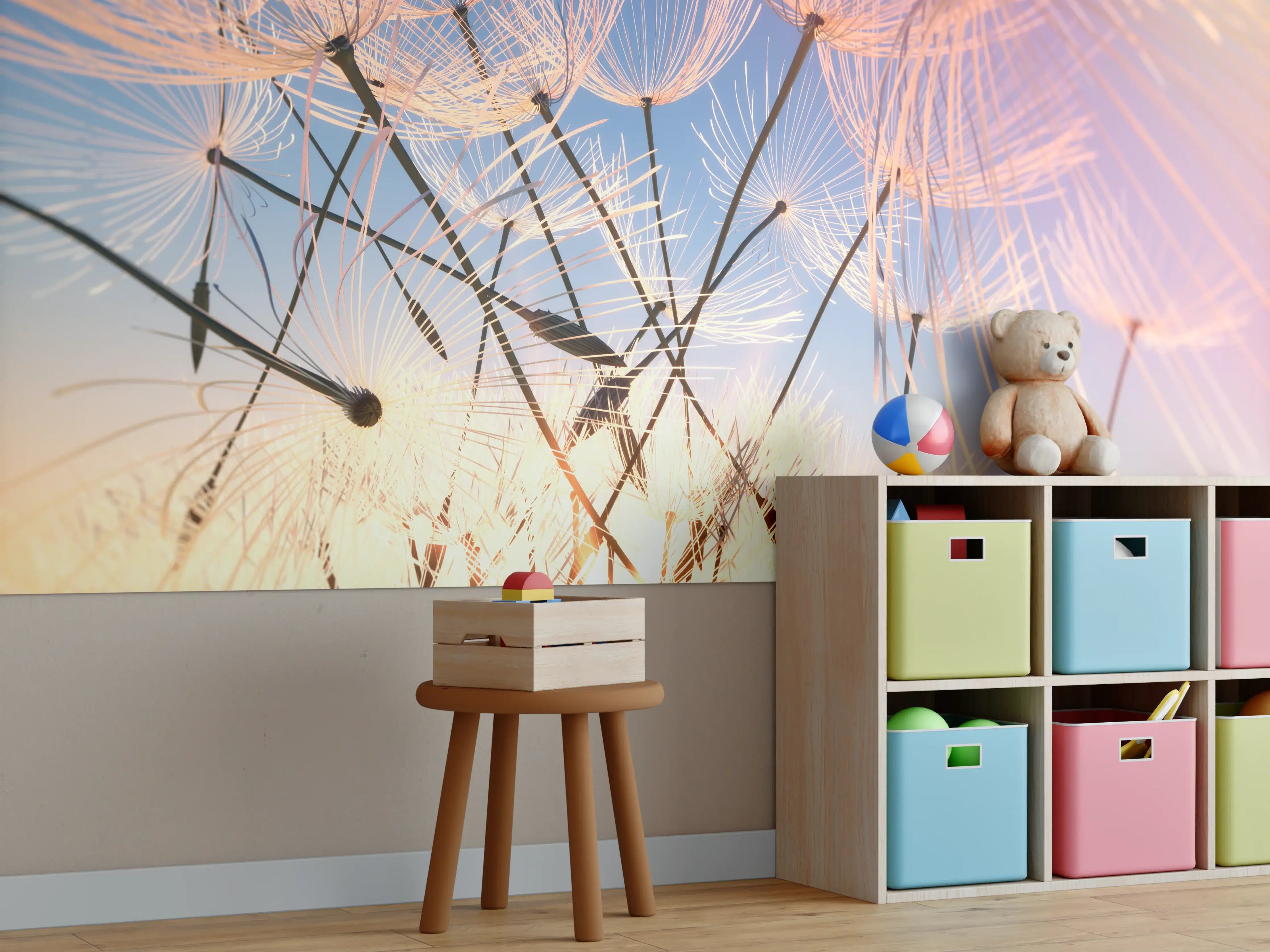 Kinderzimmer Wandgestaltung - Fliegende Pusteblumen in Nahaufnahme