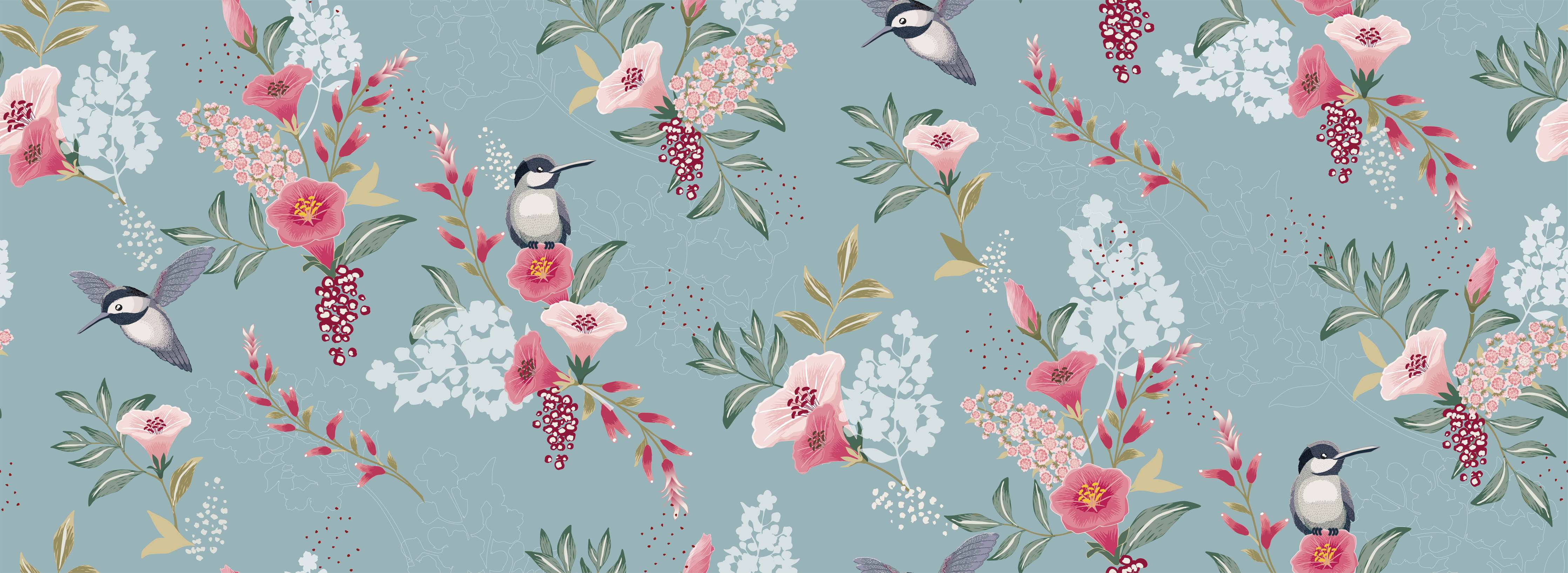 Kinderzimmer Wandgestaltung-Floral-Bird-Muster Blaugrau