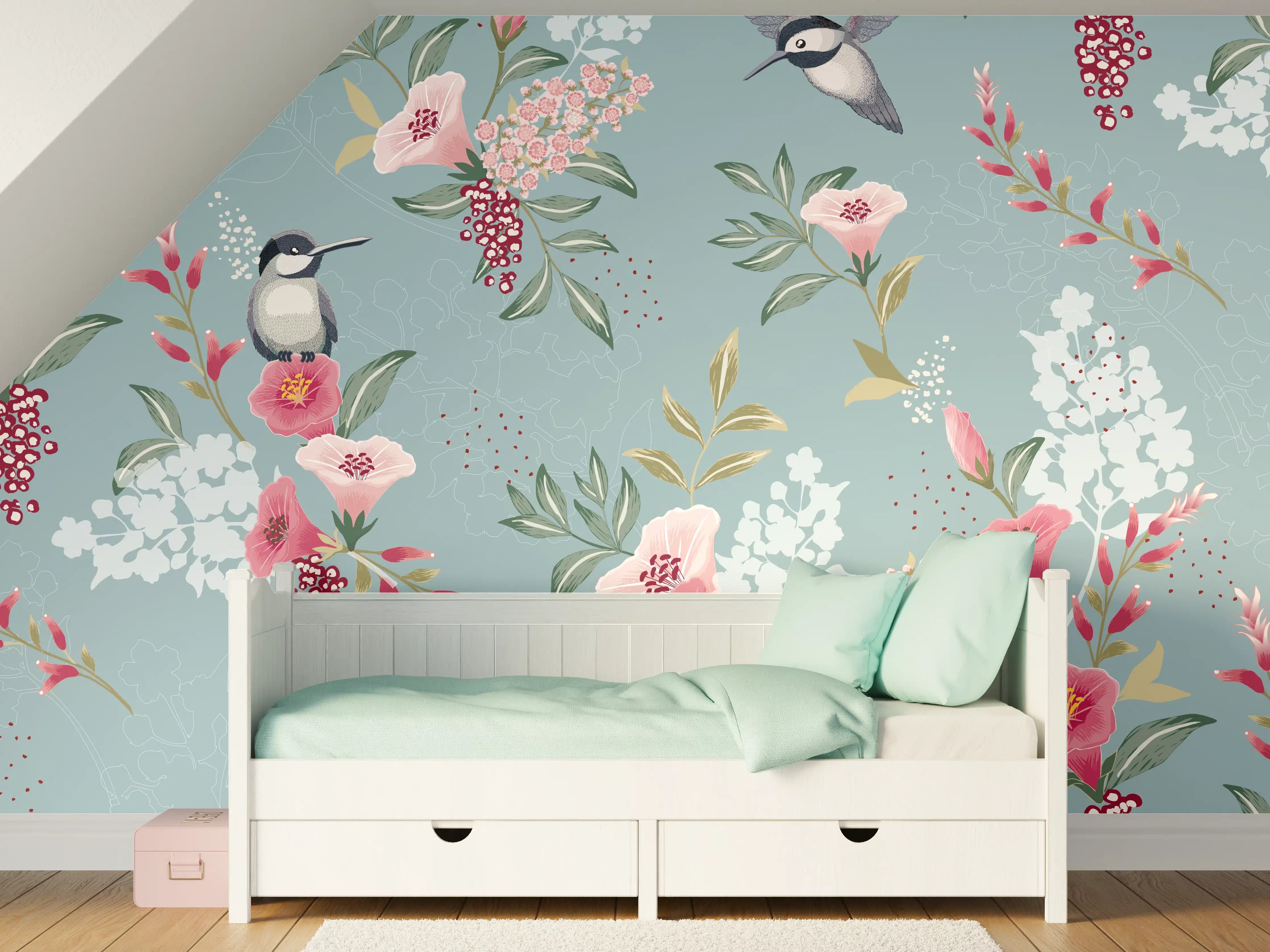 Kinderzimmer Wandgestaltung - Floral-Bird-Muster Blaugrau