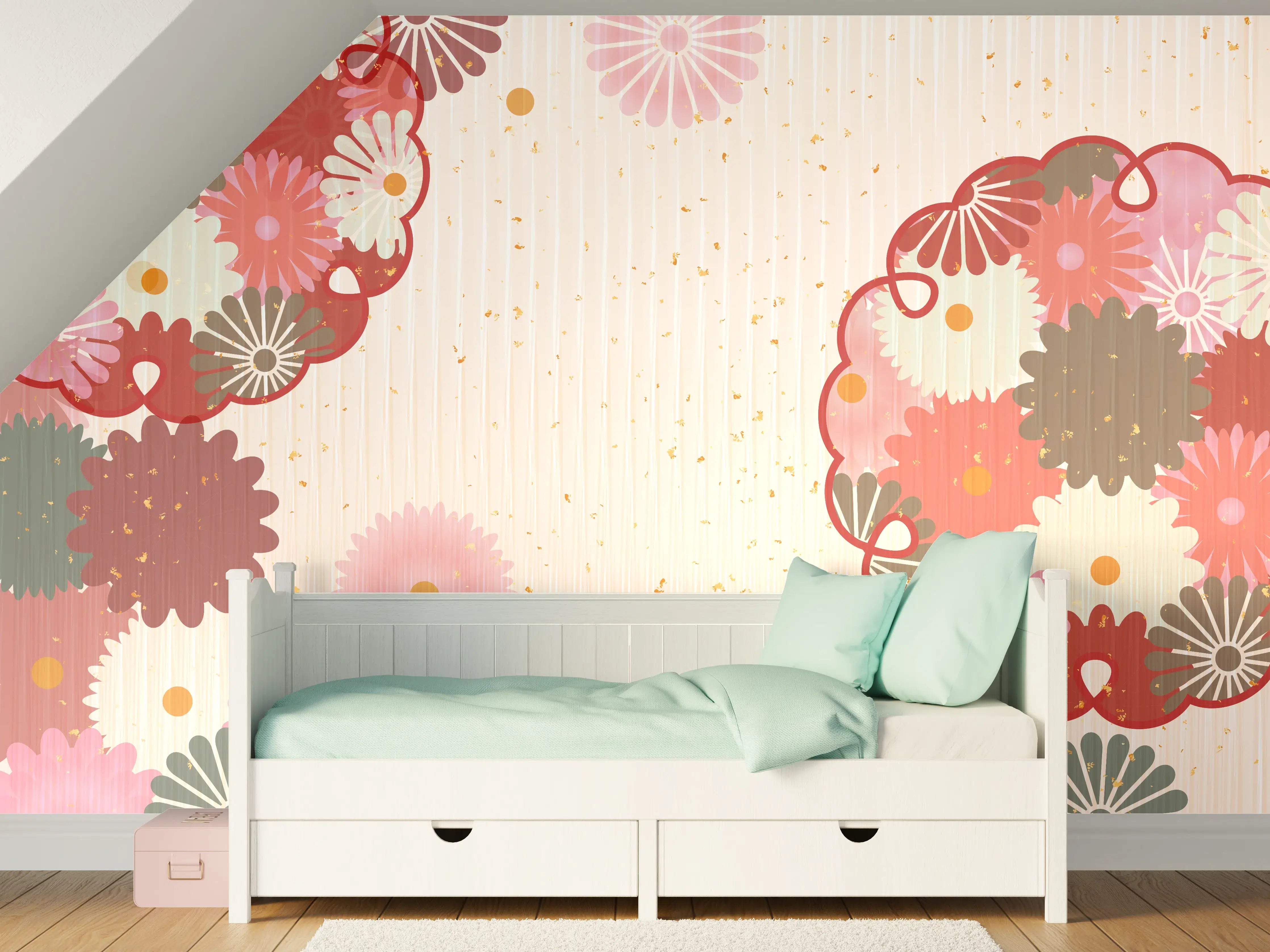 Kinderzimmer Wandgestaltung - Floral Blumenmuster Beige Rot
